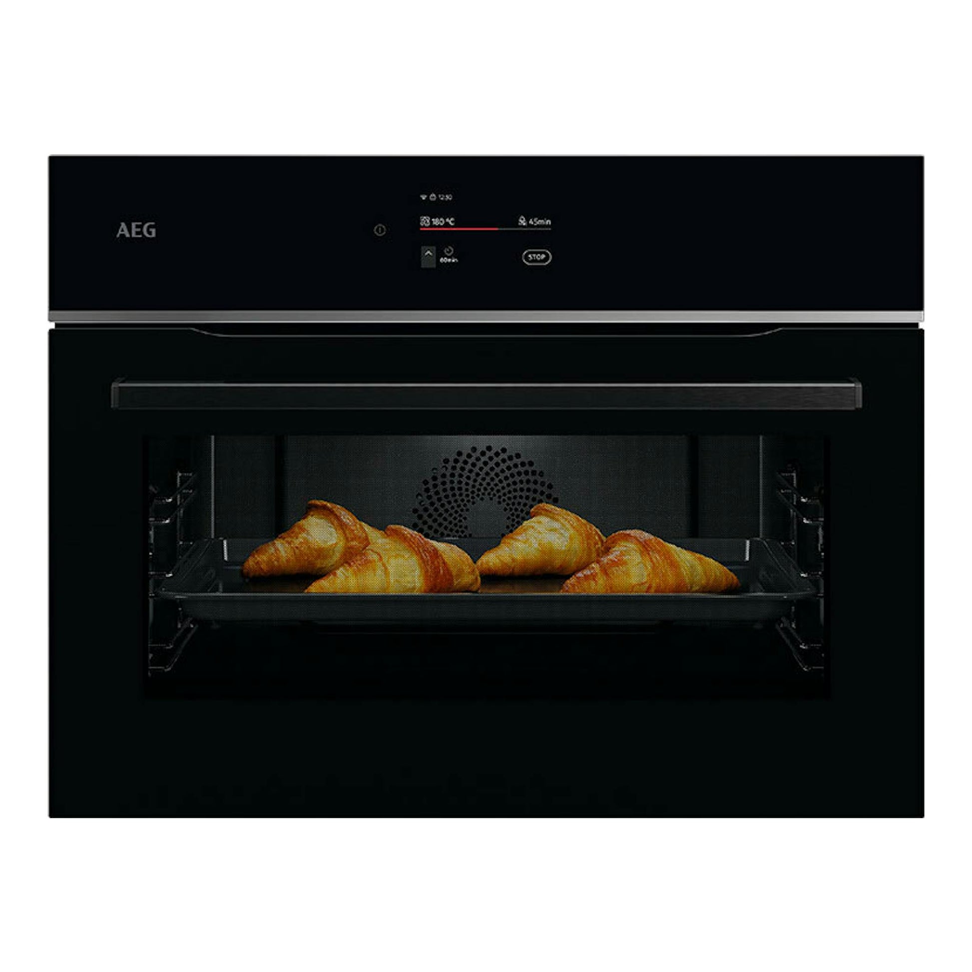 Horno AEG TA7PK721B de cristal negro, vista frontal, con bandeja y croissants en el interior.