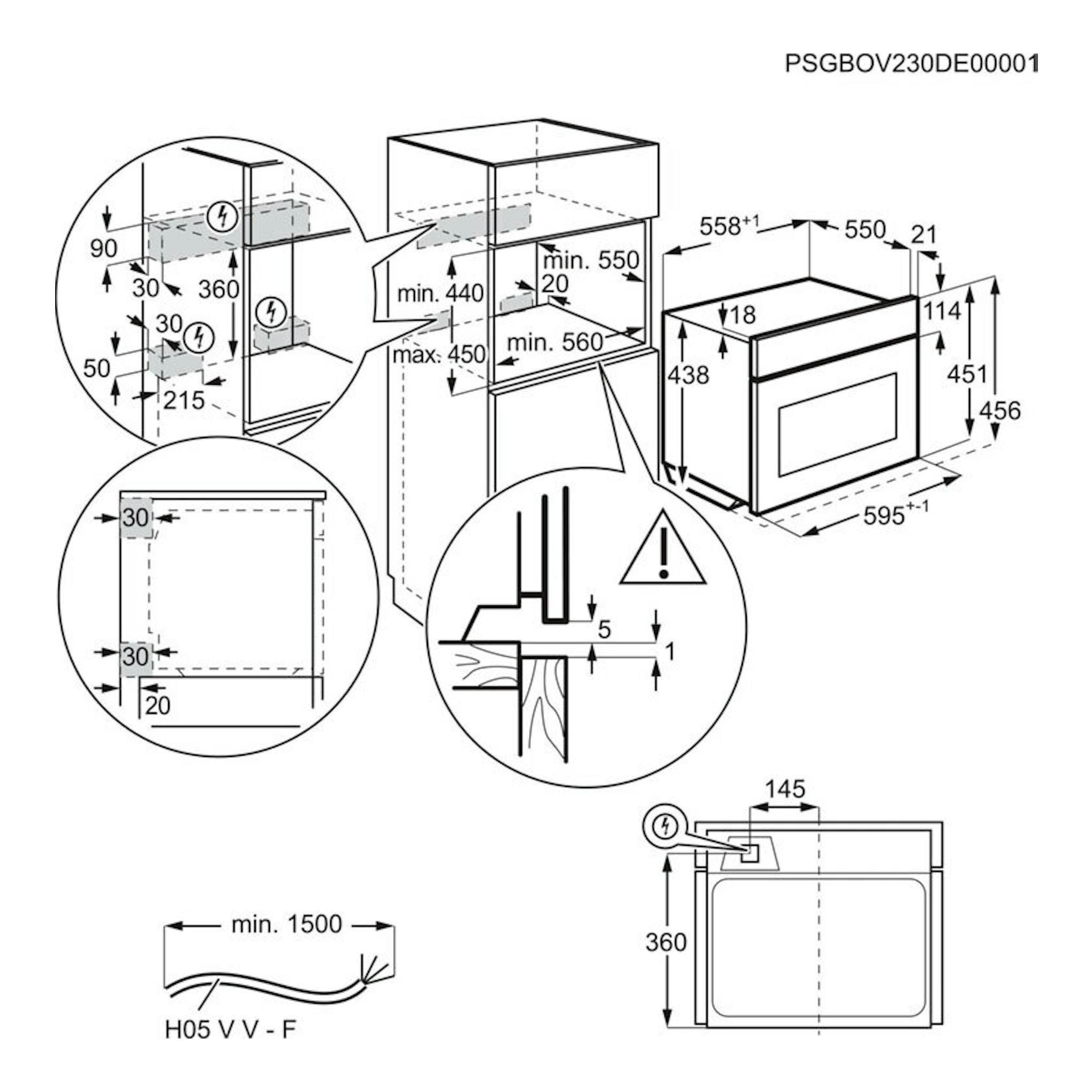 AEG TA7PK721B: esquema técnico de instalación de horno empotrable negro, con vistas frontal y lateral y medidas.