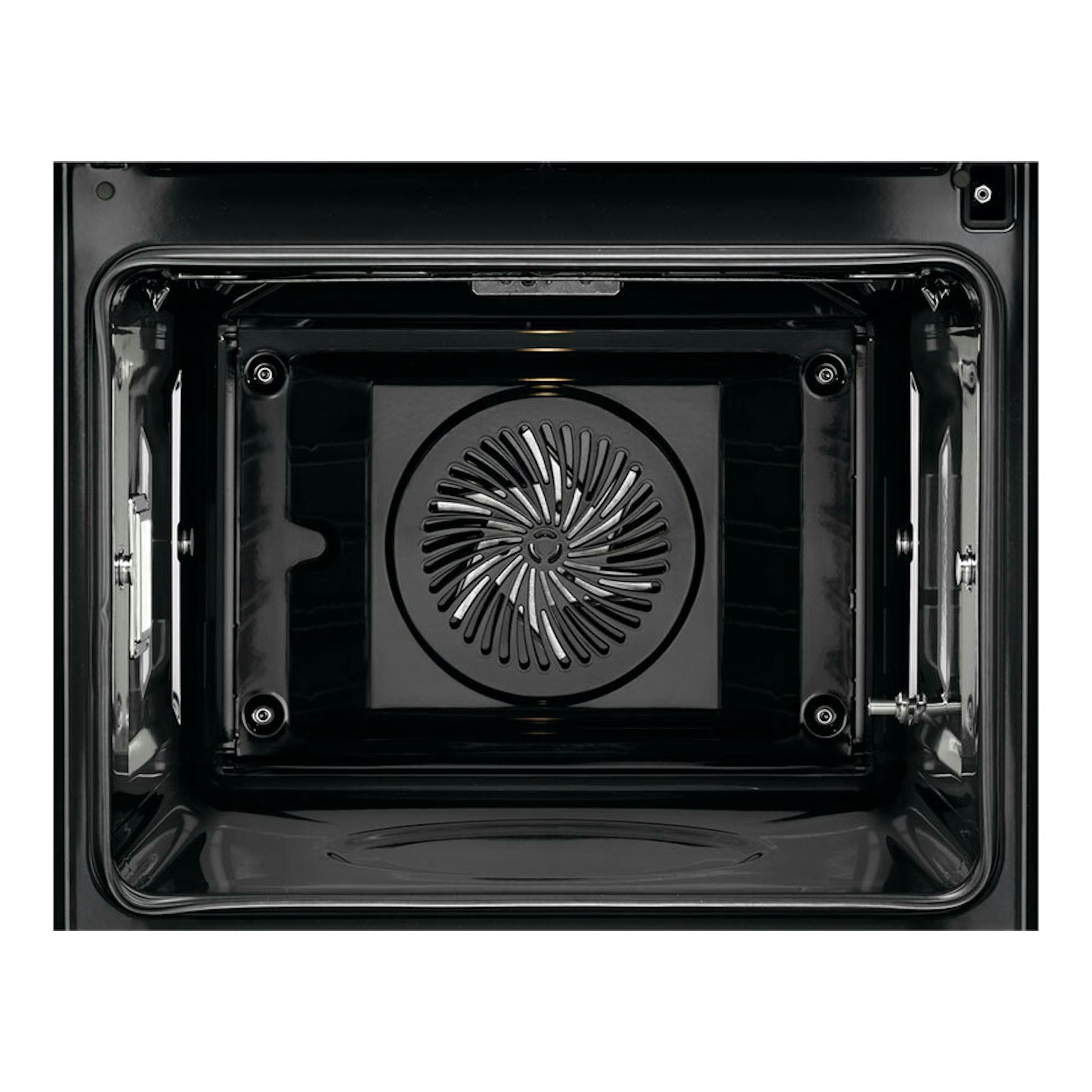 Interior de horno AEG TB8SB73ZAB negro, vista frontal del compartimento con ventilador trasero circular.