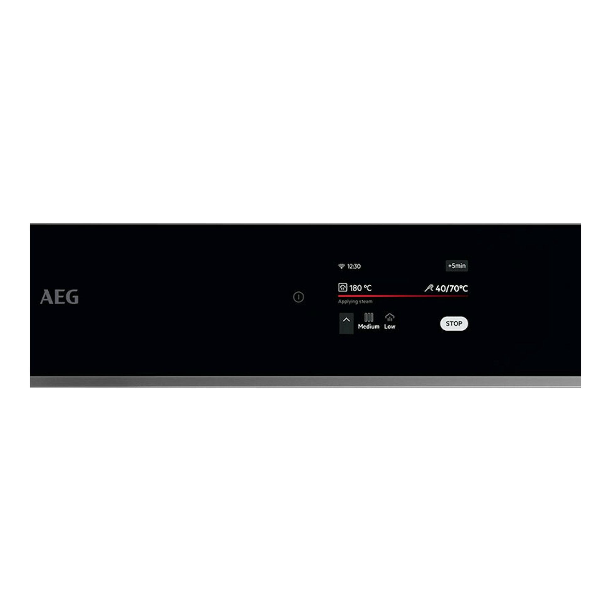 Horno AEG TE8PB731AB en cristal negro, vista frontal del panel táctil con pantalla.