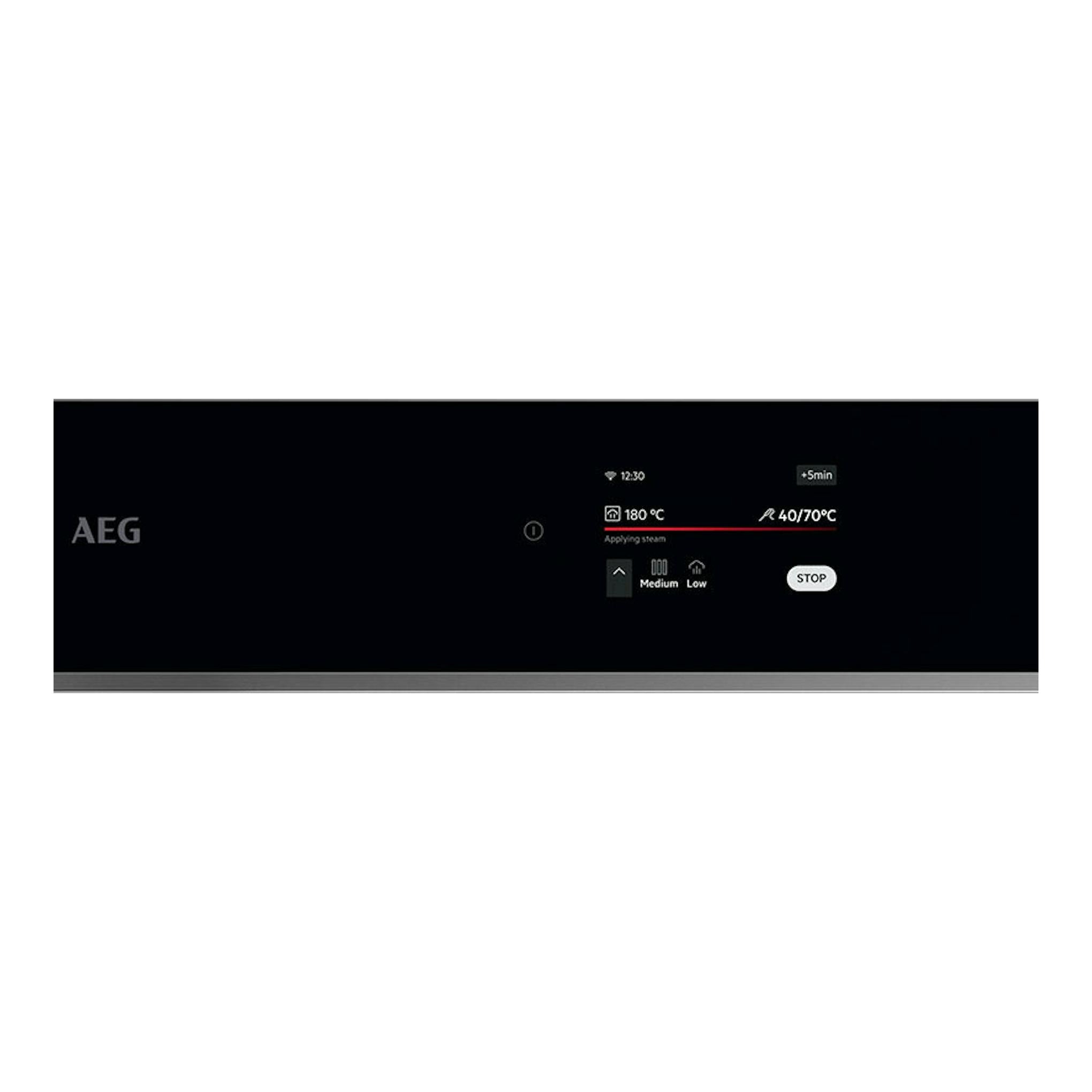 Horno AEG TE8PB731AB en cristal negro, vista frontal del panel táctil con pantalla.