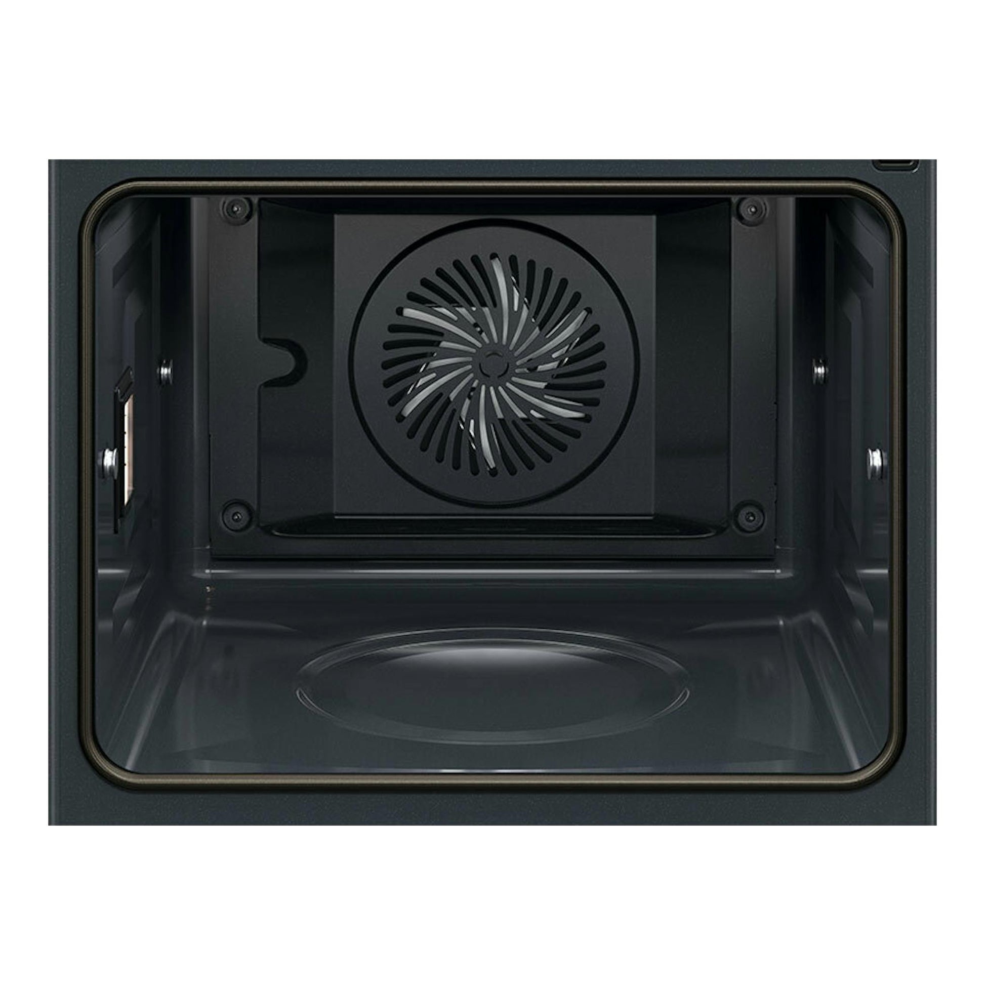 AEG TE8PB731AT, interior de horno en vista frontal, acabado negro mate con ventilador trasero.