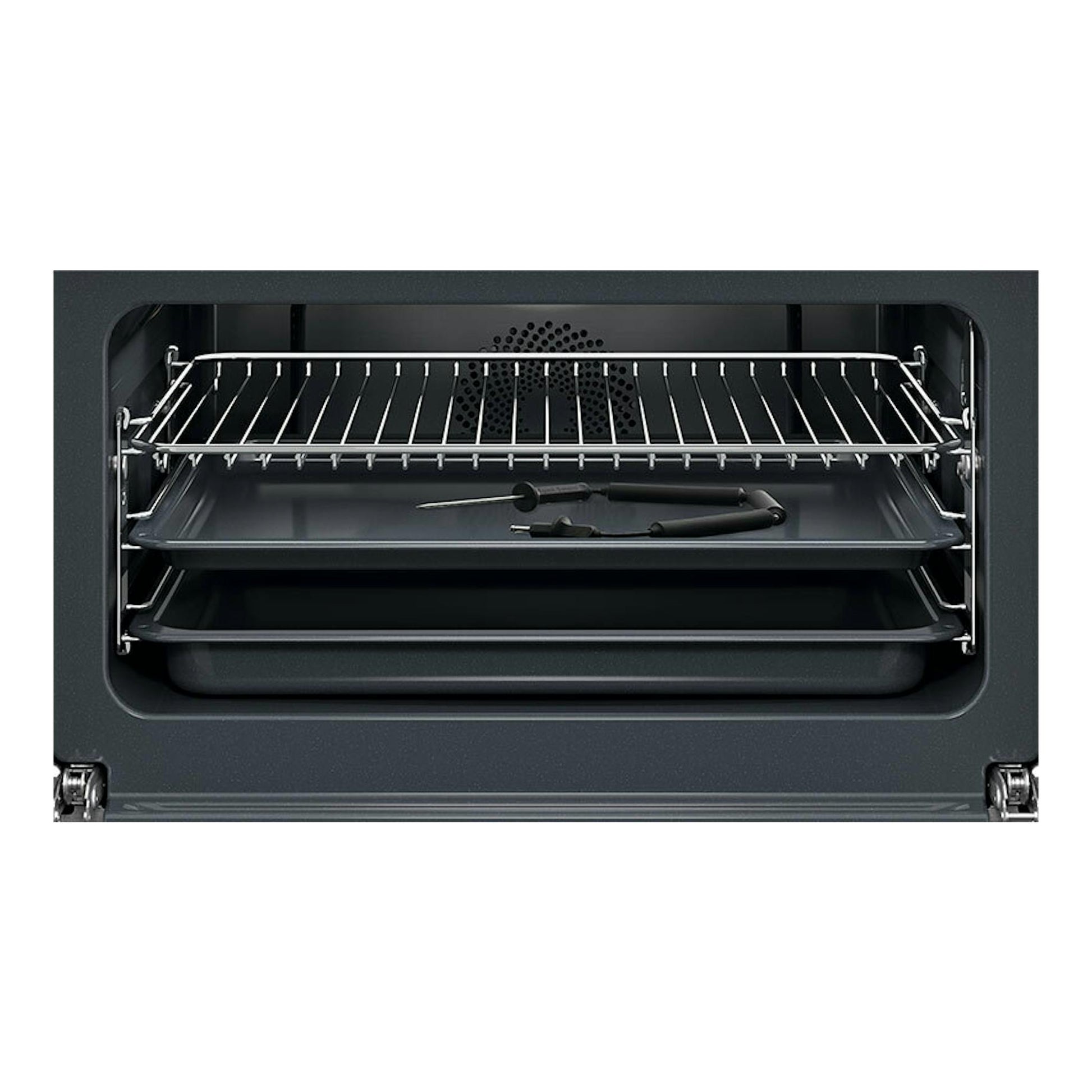 Horno AEG TK8NK721B de cristal negro, vista frontal del interior con rejilla y bandejas.