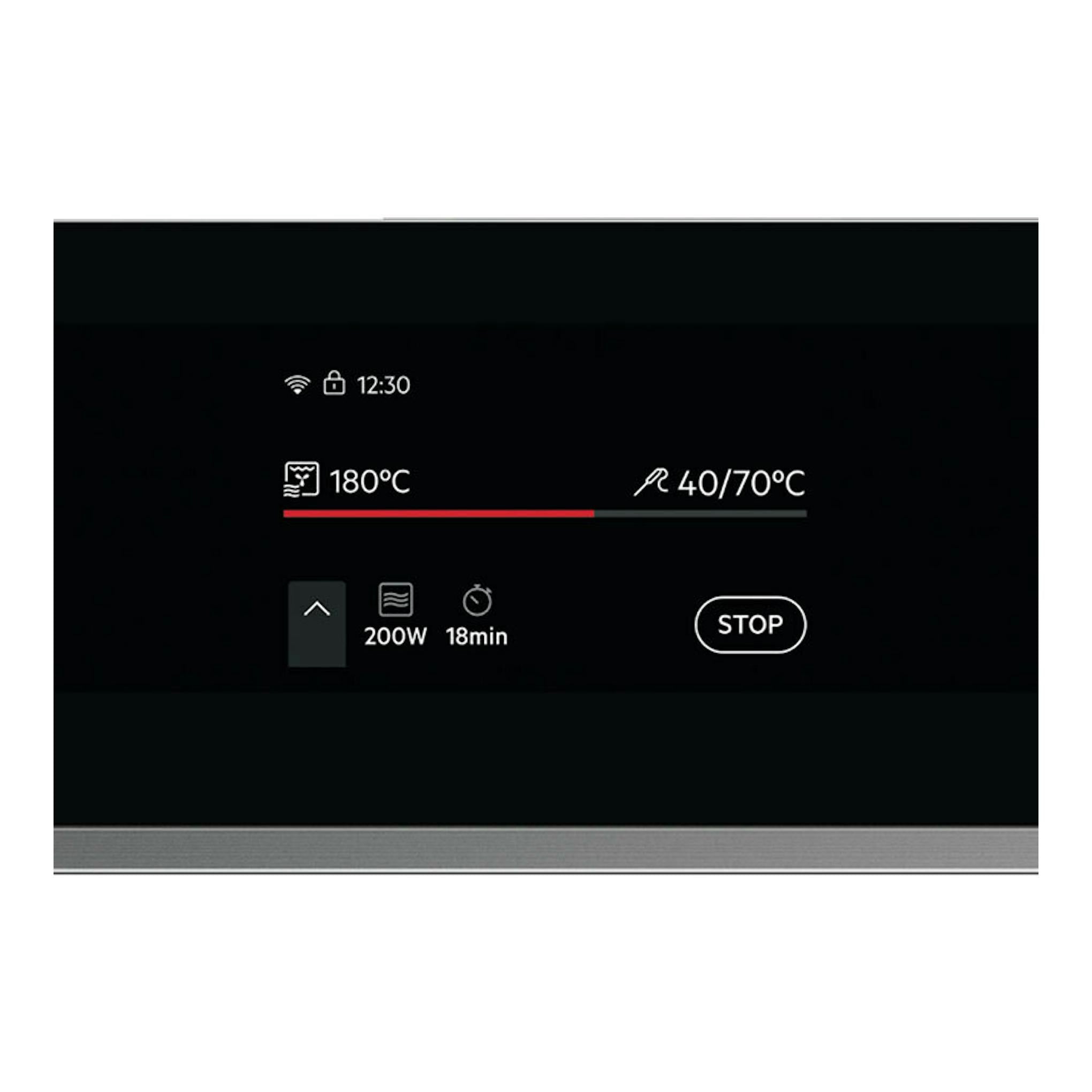 Horno AEG TK8NK721B en cristal negro, vista frontal del panel táctil con iconos y temperaturas.