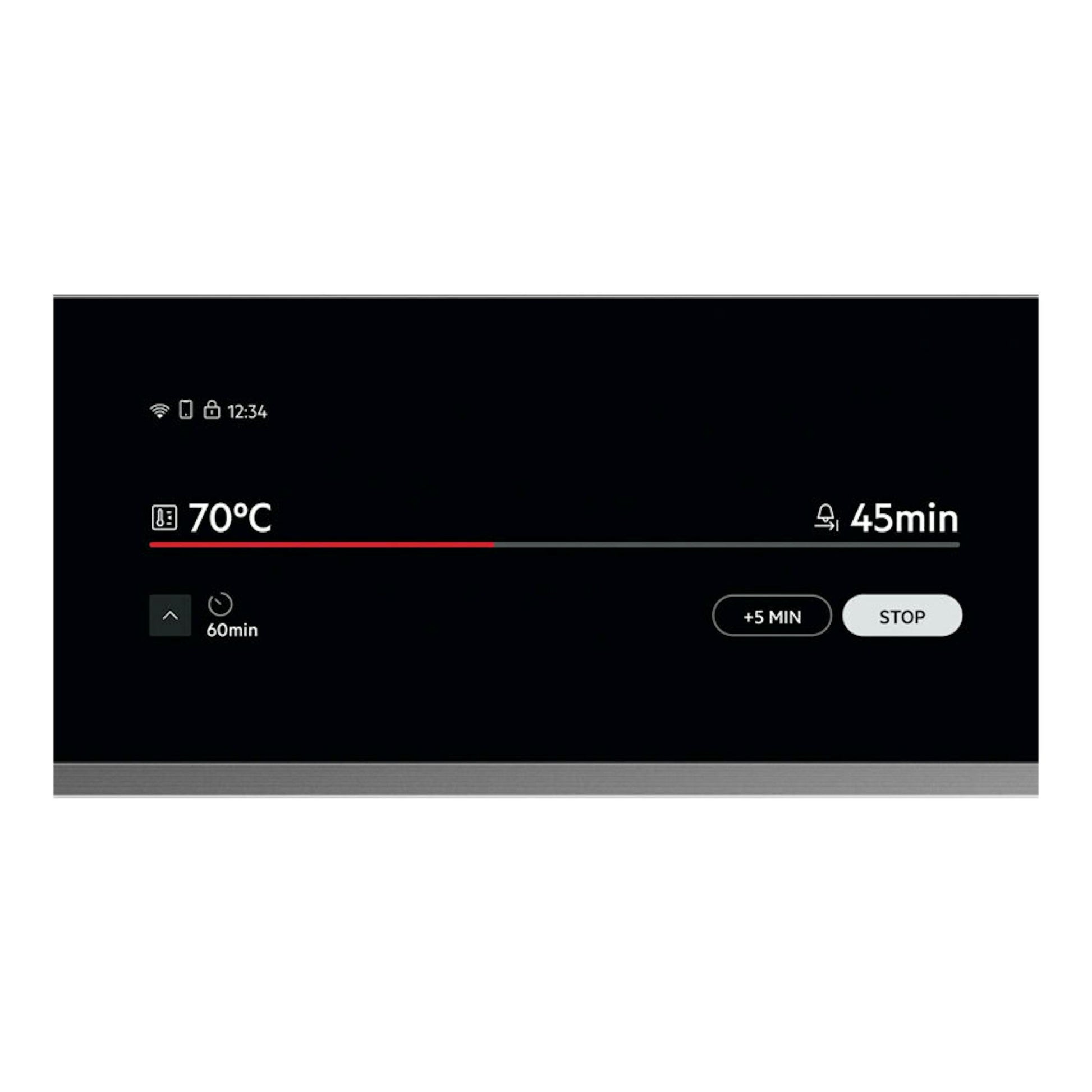 Horno AEG TP9SB831AB de cristal negro, vista frontal del panel táctil con 70°C y 45 min