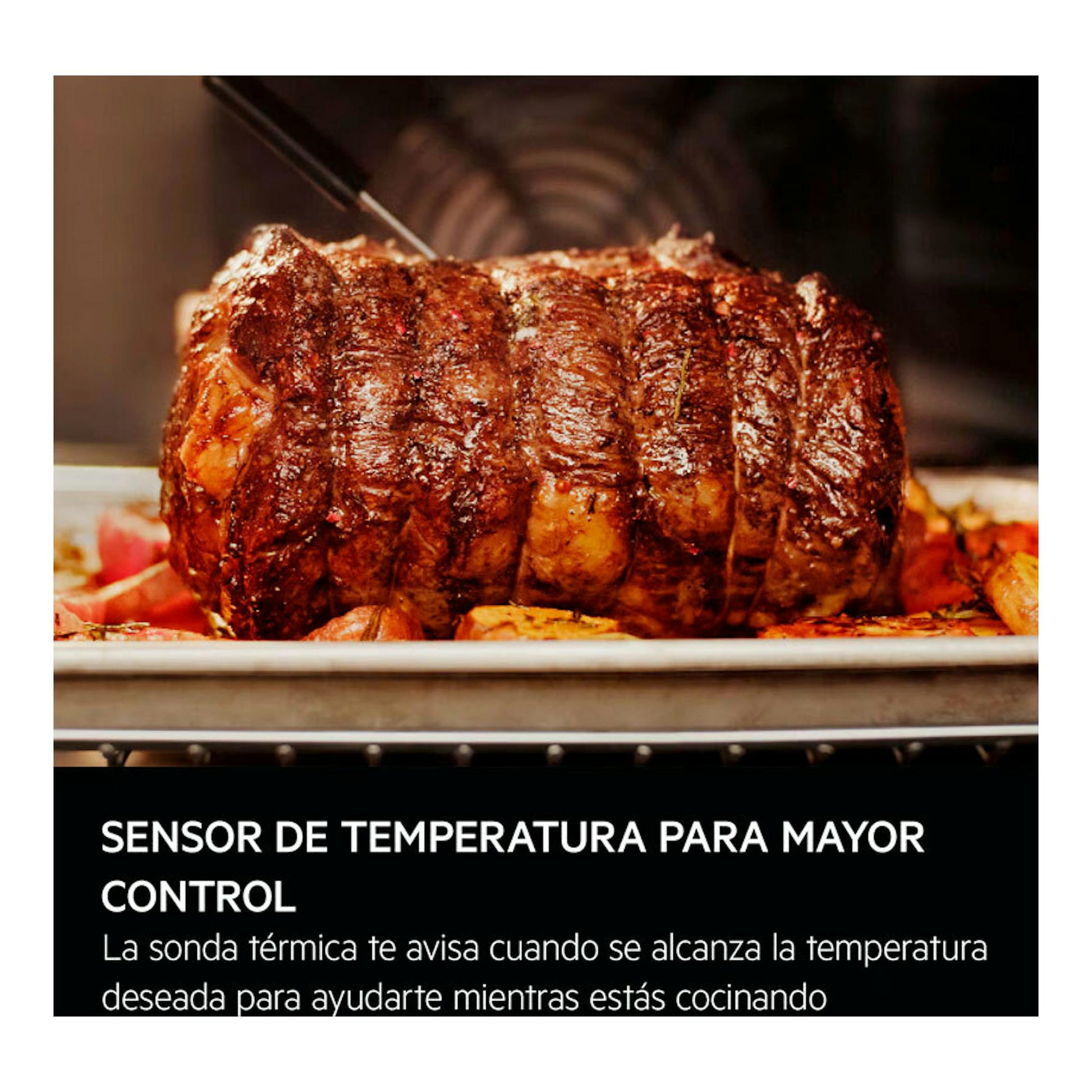 AEG TP9SK821B, horno de cristal negro, vista frontal con asado y sonda térmica.