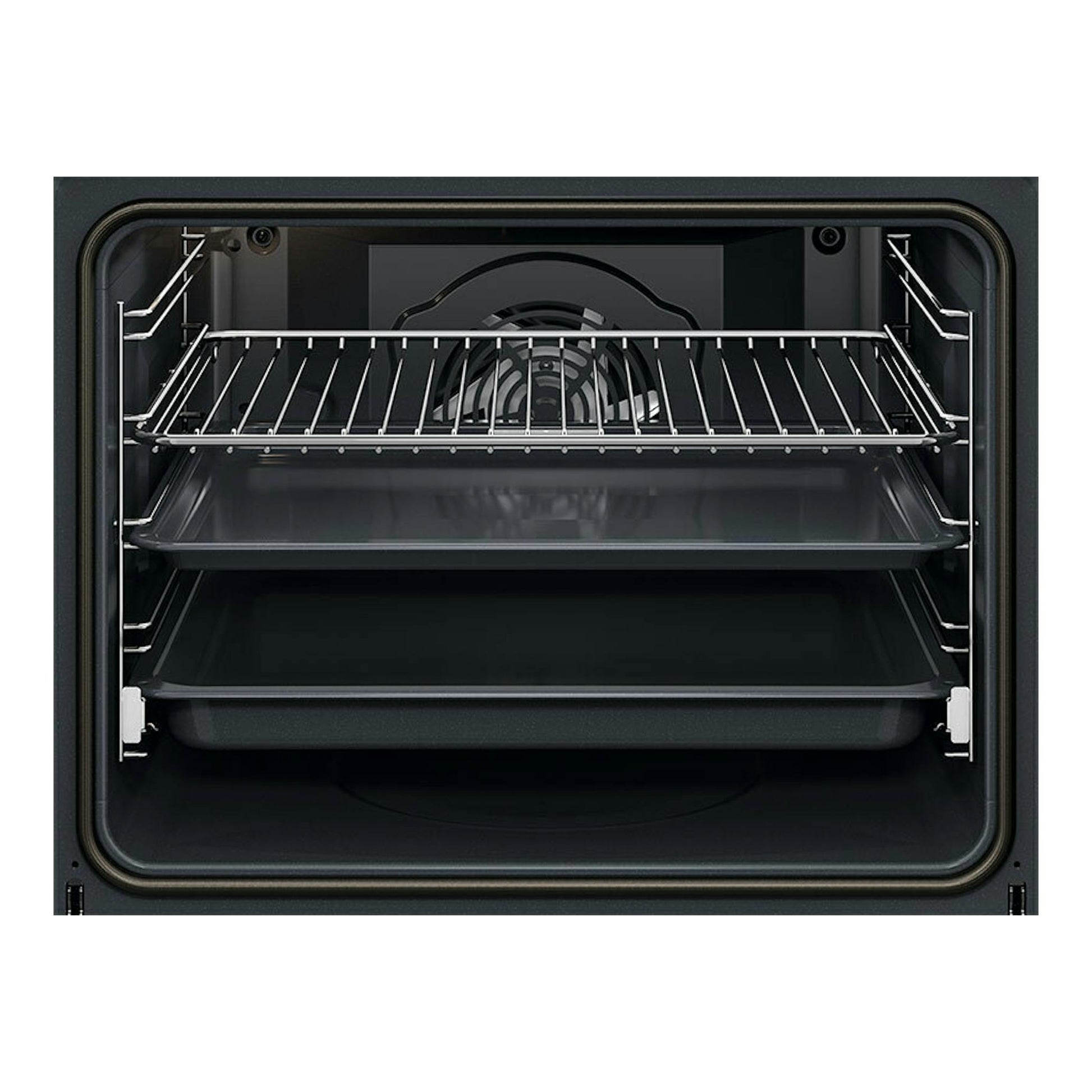 Interior de horno AEG TR6PB531SB en cristal negro, vista frontal, con rejilla y bandejas.