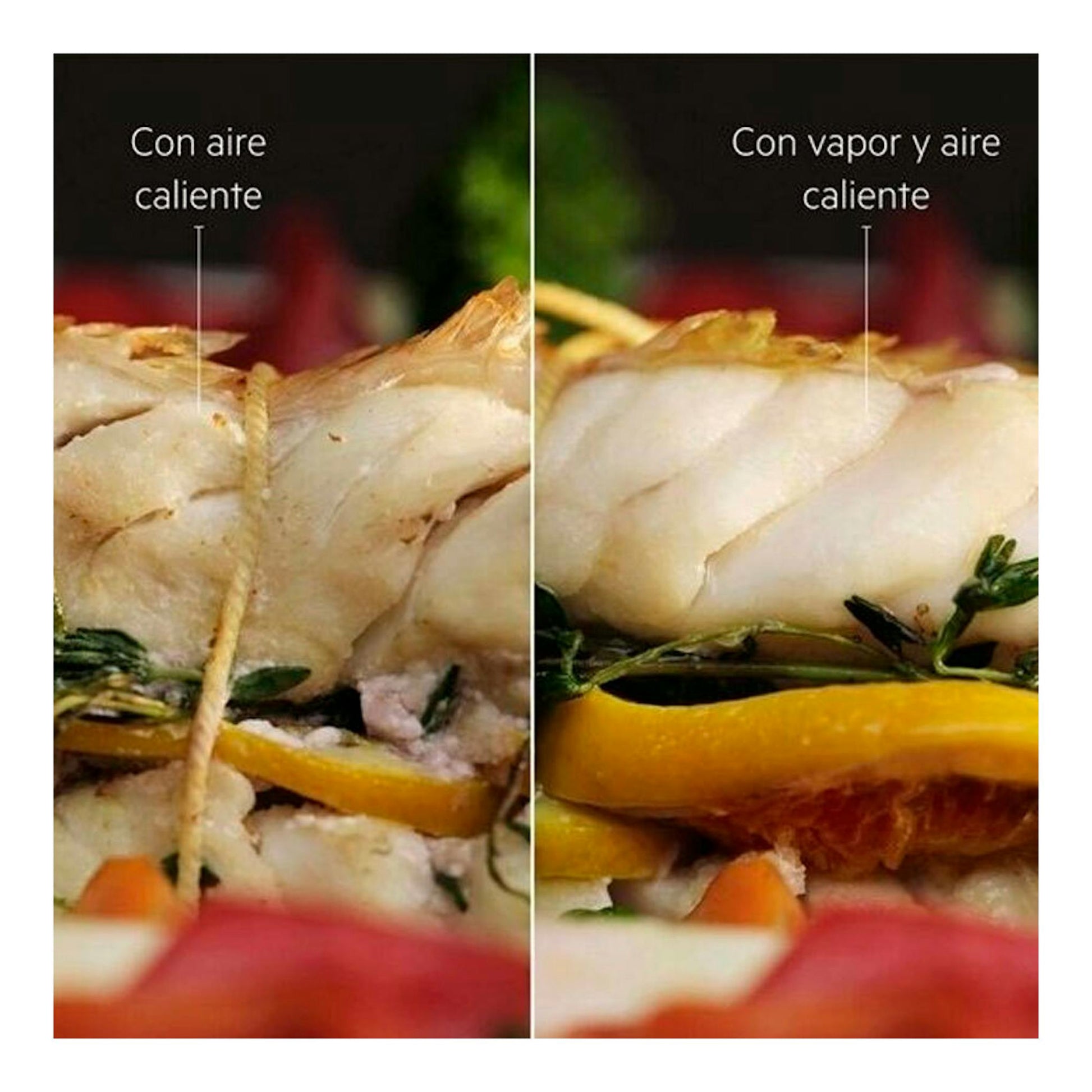 Comparativa de pescado al horno: aire caliente a la izquierda y vapor y aire caliente a la derecha.