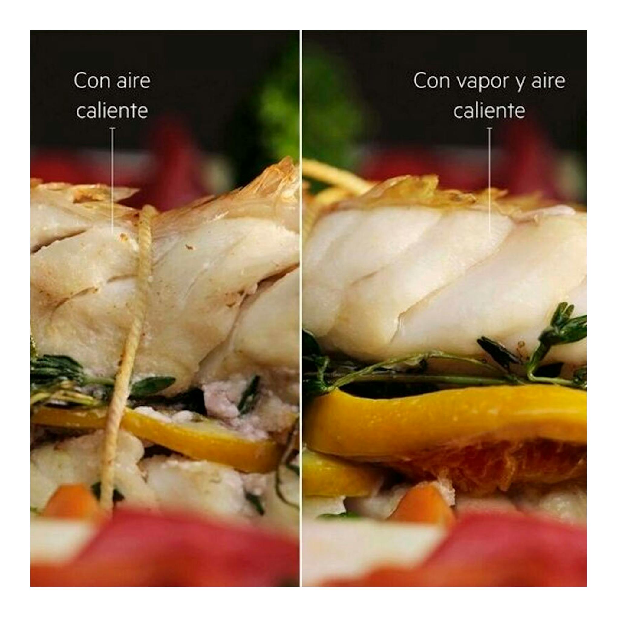 Comparativa de pescado al horno: aire caliente a la izquierda y vapor y aire caliente a la derecha.