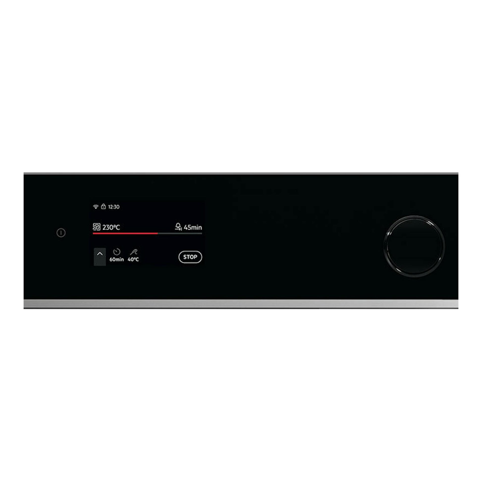 Horno AEG TR7PB73FSB de cristal negro, vista frontal parcial del panel táctil con mando giratorio.