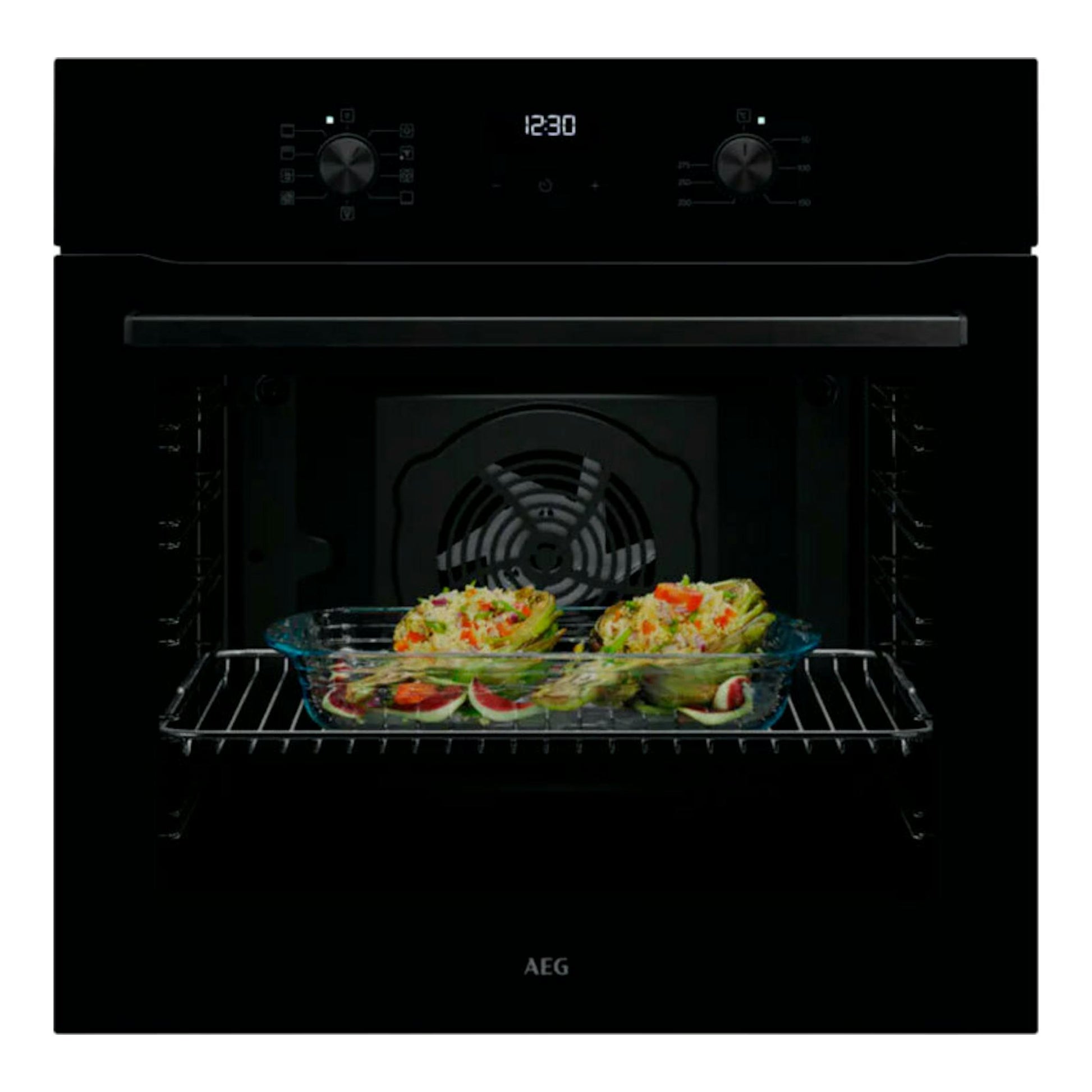 Horno AEG TU5AB20WSK negro, vista frontal, con display 12:30 y bandeja de cristal con comida en el interior.