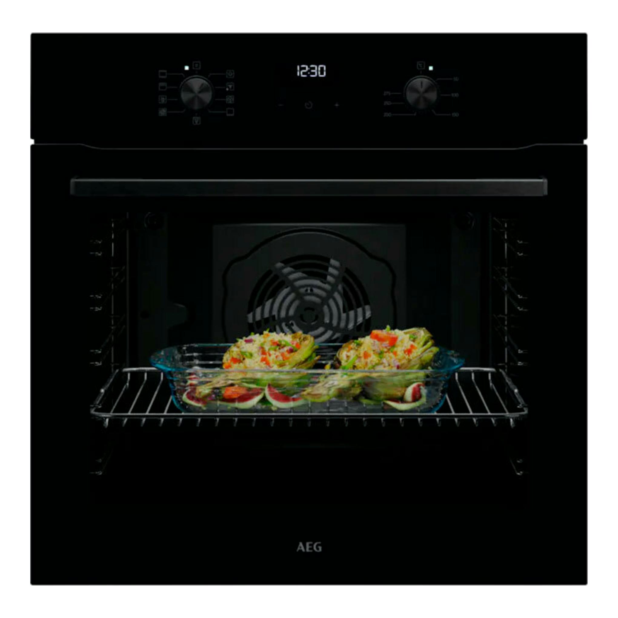 Horno AEG TU5AB20WSK negro, vista frontal, con display 12:30 y bandeja de cristal con comida en el interior.