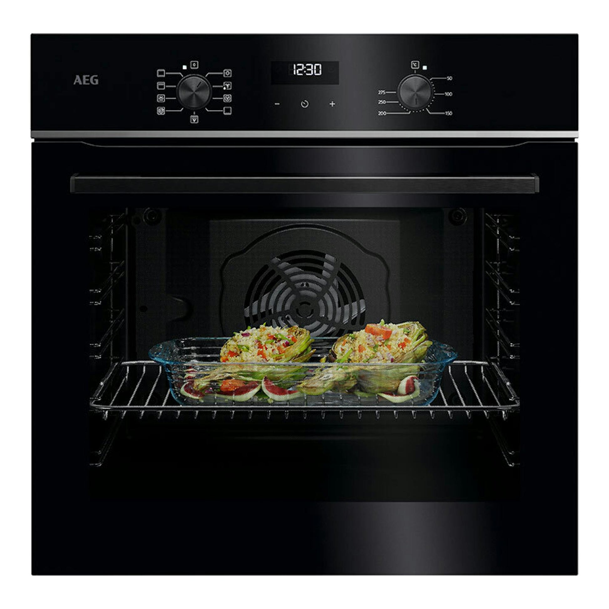 Horno AEG TU5AB21FSB negro, vista frontal, con puerta abierta y bandeja de comida en el interior.