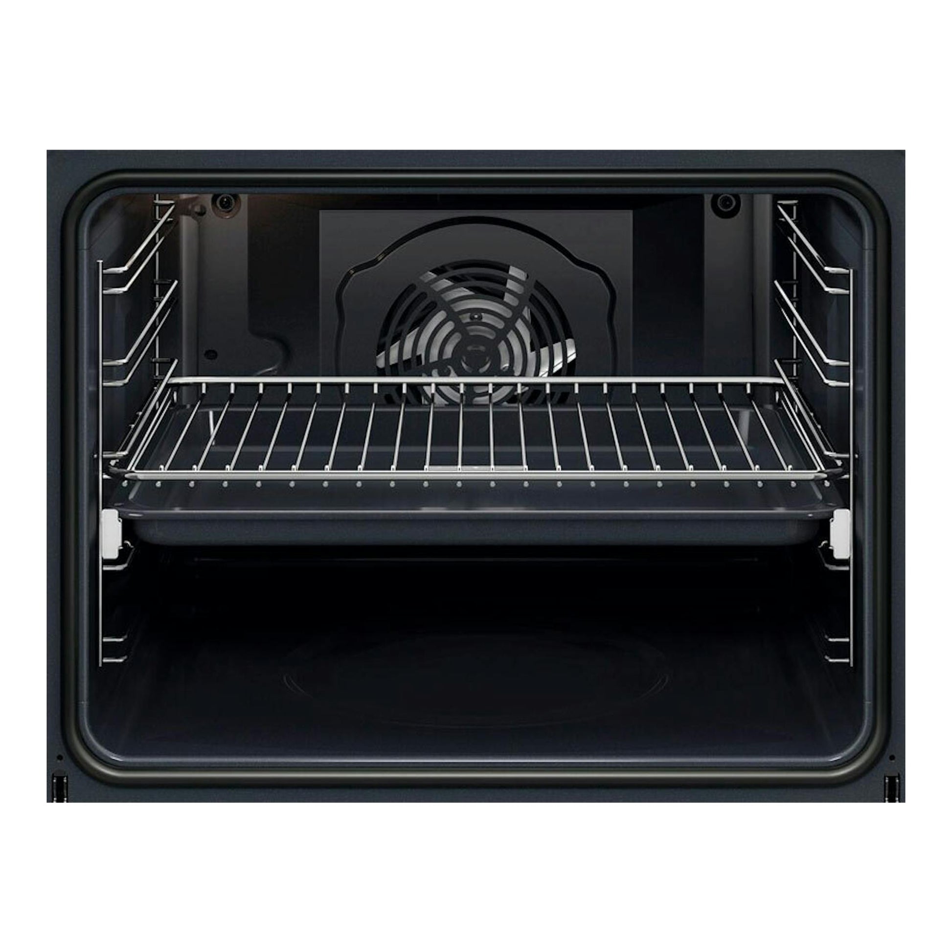 Interior de horno AEG TU5AB21FSB negro, vista frontal con ventilador trasero y rejilla metálica.