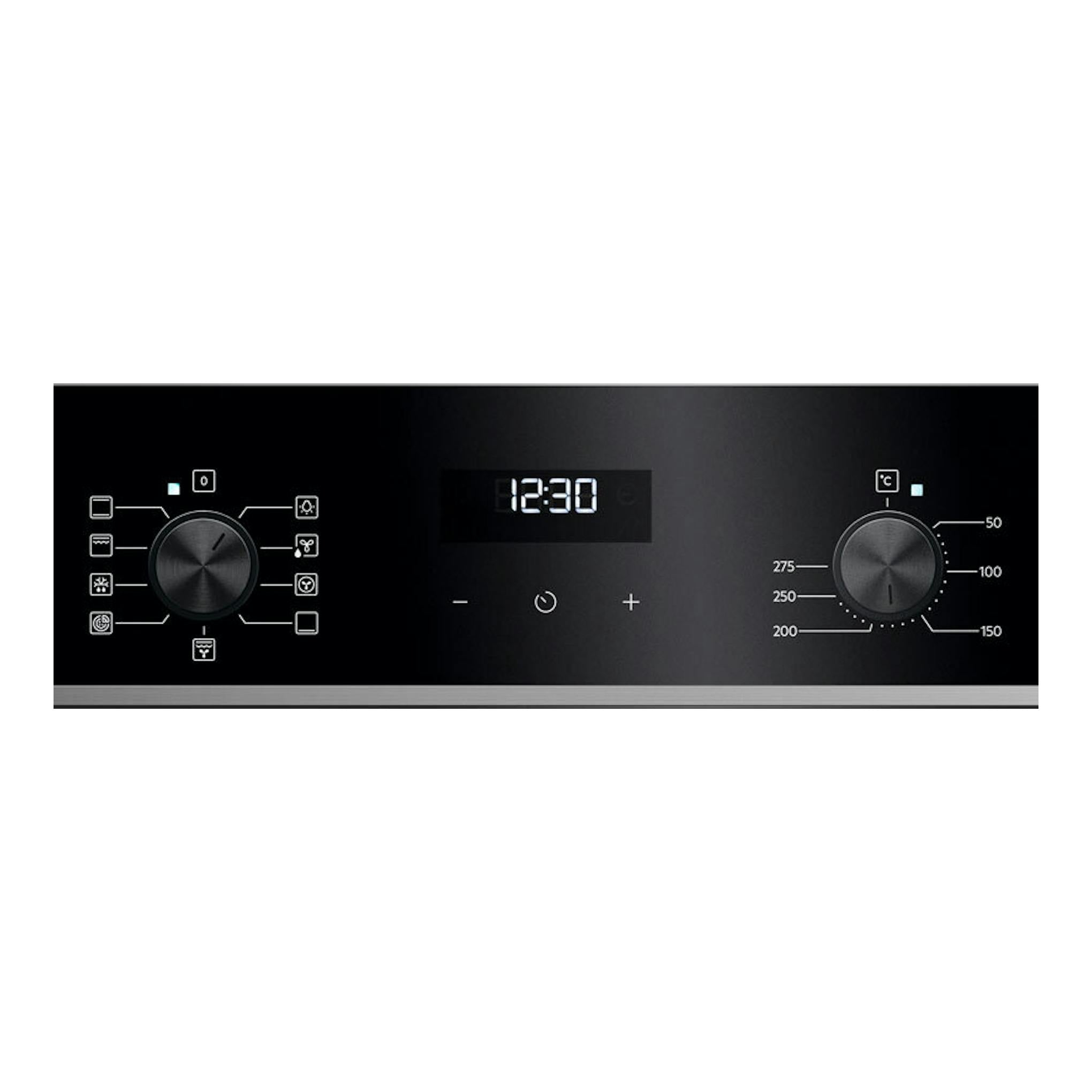 Horno AEG TU5AB21FSB negro, vista frontal del panel de control con dos mandos y pantalla digital 12:30