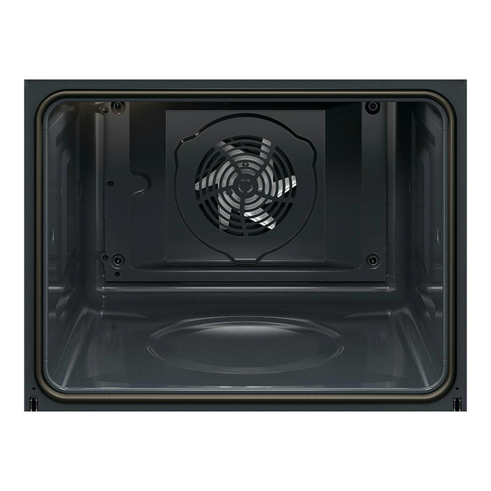 Horno AEG TU5PB41FSK negro, vista frontal del interior con ventilador trasero y cavidad vacía.