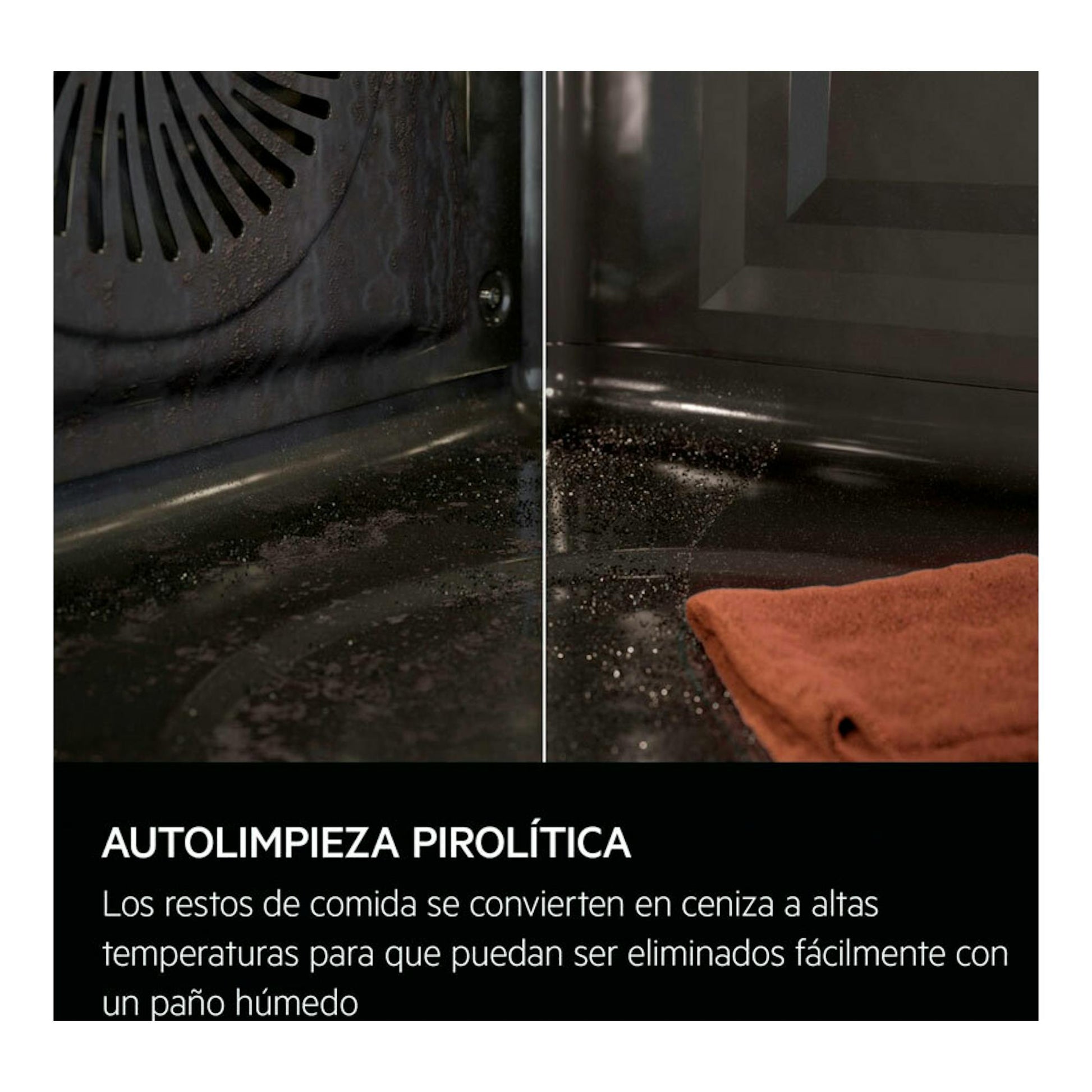Vista del interior del horno AEG TU5PB41FSK negro, con limpieza pirolítica y paño de limpieza.