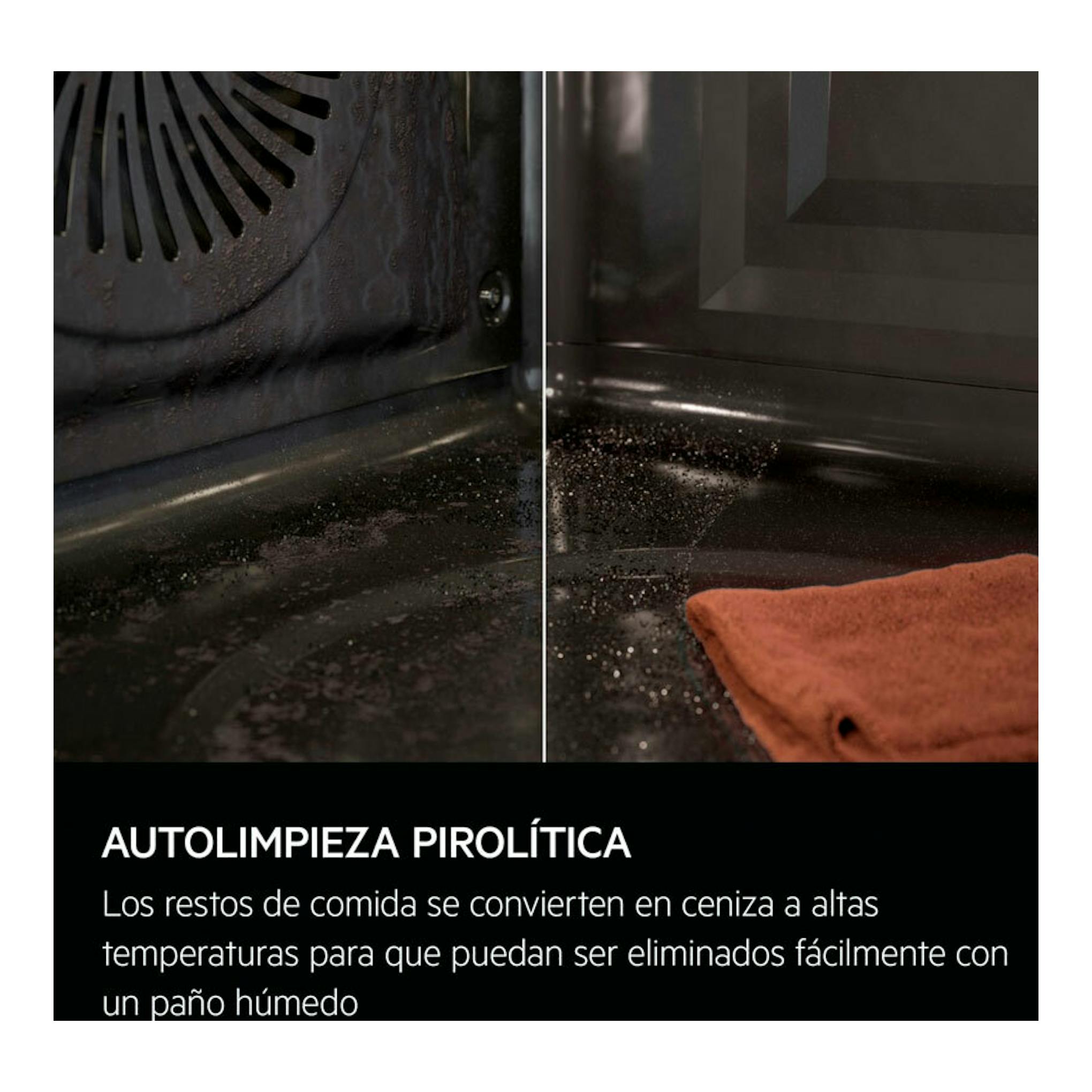 Vista del interior del horno AEG TU5PB41FSK negro, con limpieza pirolítica y paño de limpieza.