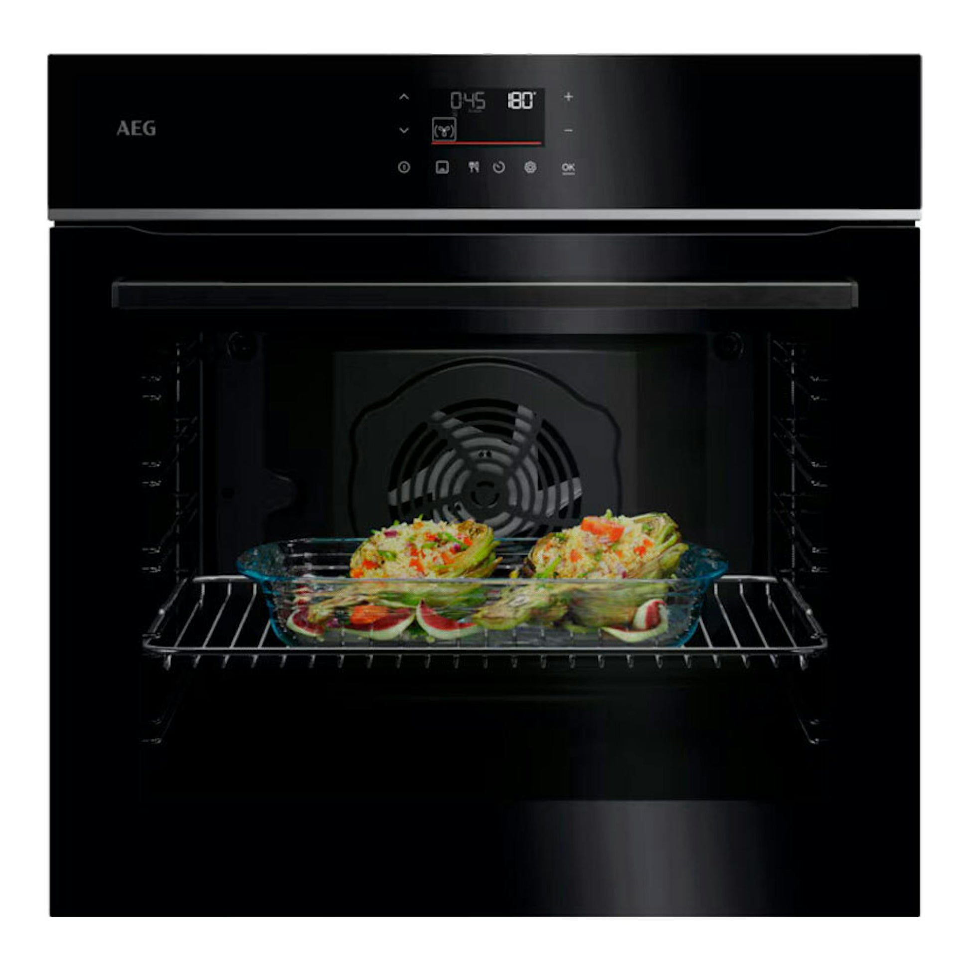 Horno AEG TU5PB41ZPB negro, vista frontal con la puerta abierta y bandeja con verduras gratinadas.