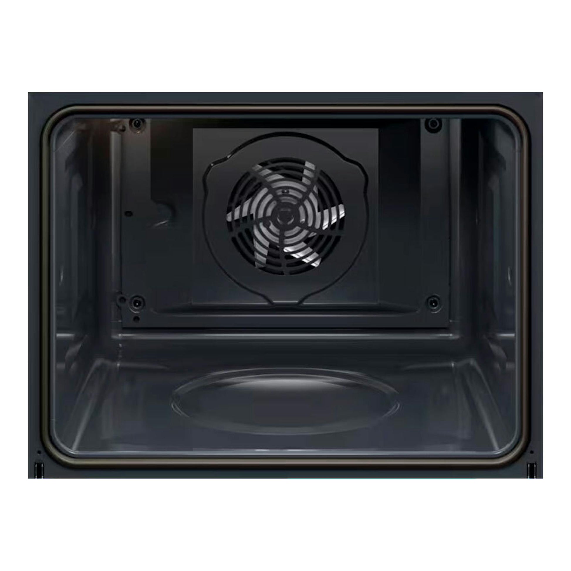Interior de horno AEG TU5PB41ZPB negro, vista frontal, con ventilador circular en la pared posterior.