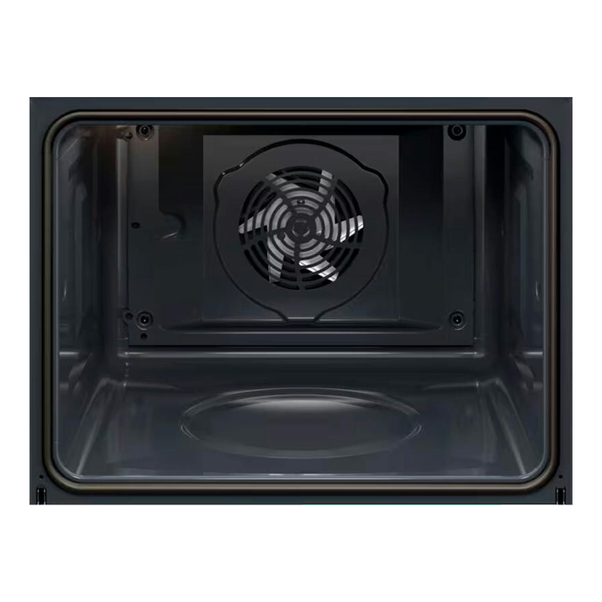 Interior de horno AEG TU5PB41ZPB negro, vista frontal, con ventilador circular en la pared posterior.