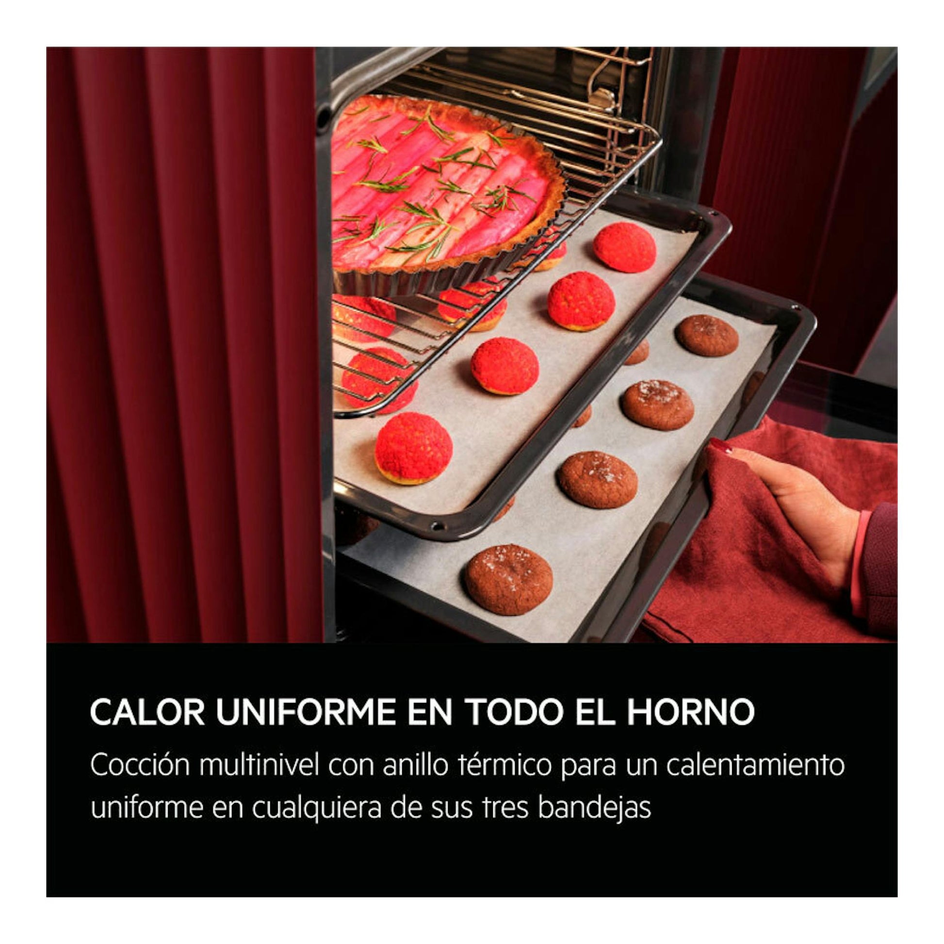 Horno AEG TU5PB41ZPB negro, interior con tres bandejas y repostería horneándose.
