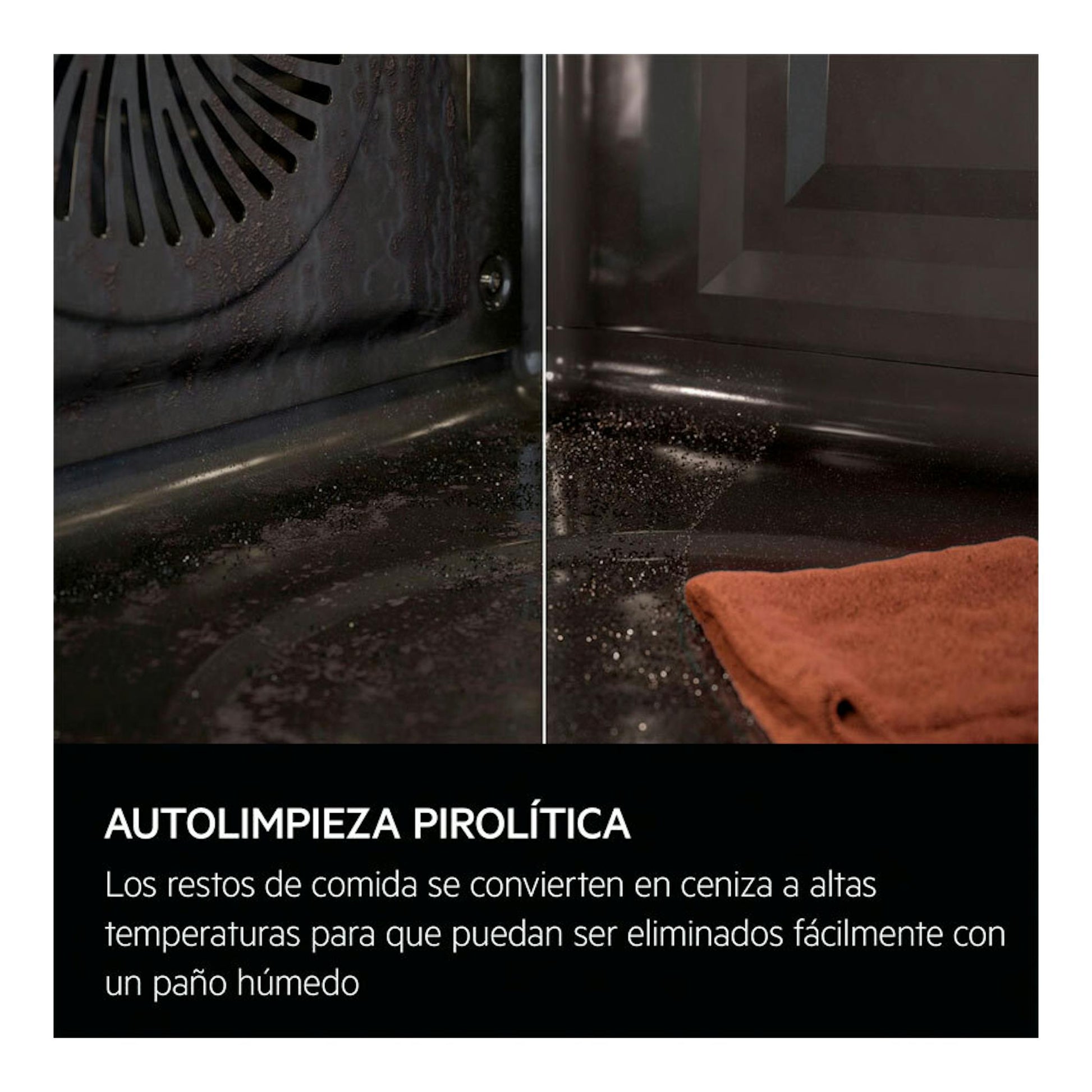 Horno AEG TU5PB41ZPB negro, vista interior dividida del antes y después de autolimpieza pirolítica.