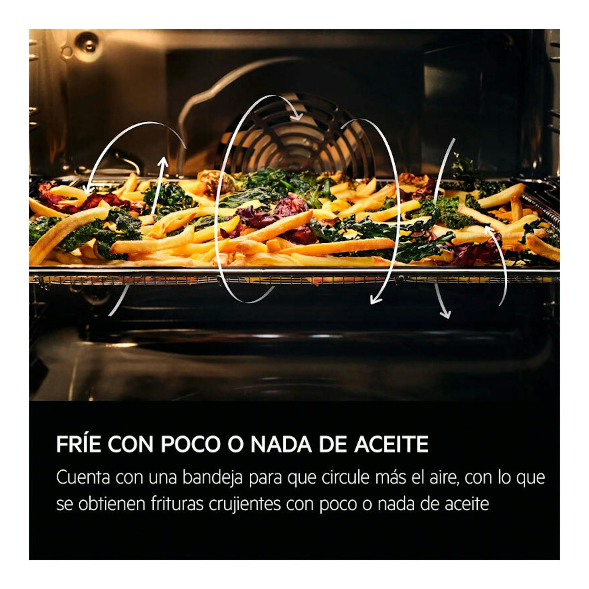 Interior de horno AEG TU5PB41ZPB negro con bandeja de patatas y verduras, vista frontal.