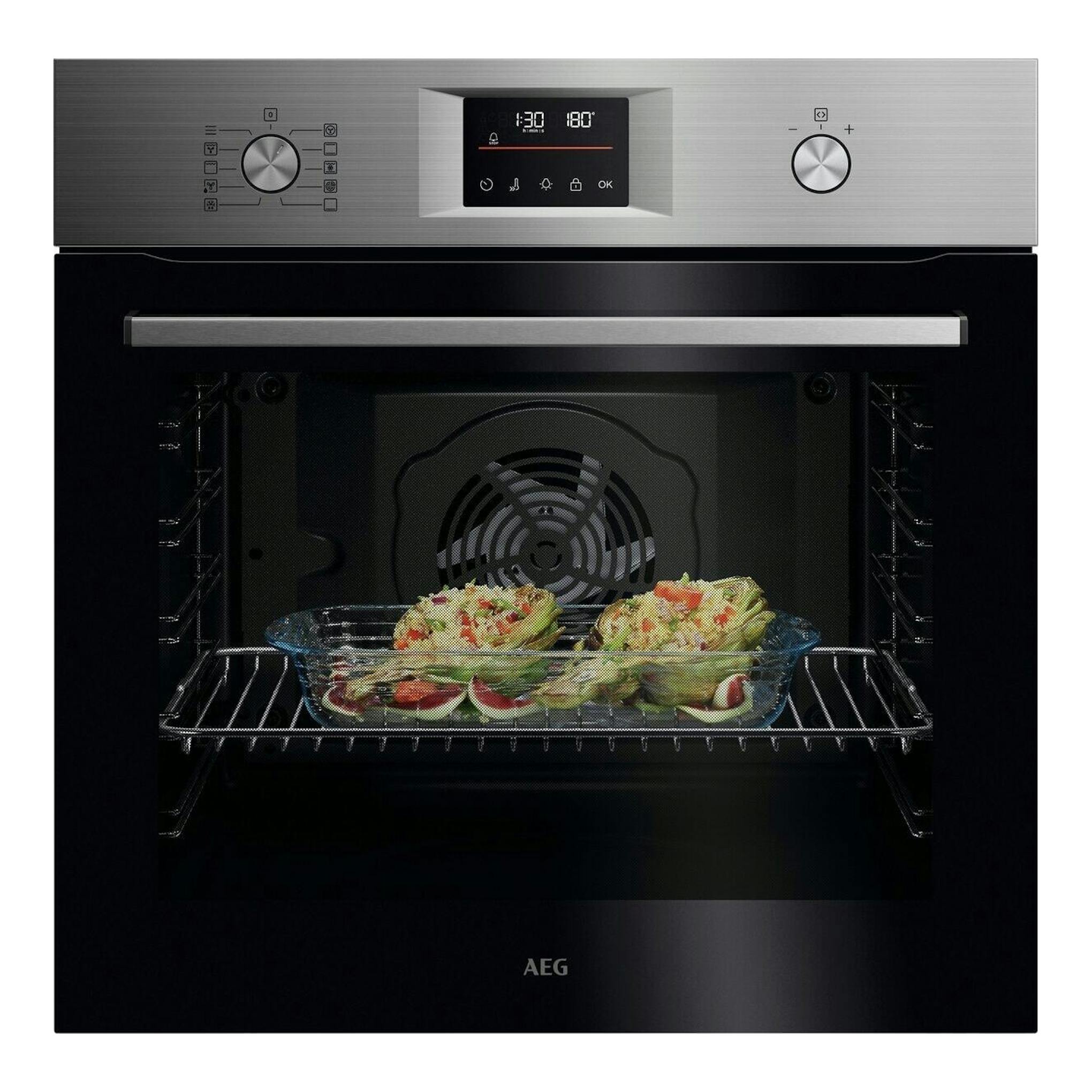 Horno empotrable AEG TU5PB43SM, frontal, acero inoxidable y puerta negra, con pantalla digital y dos mandos.