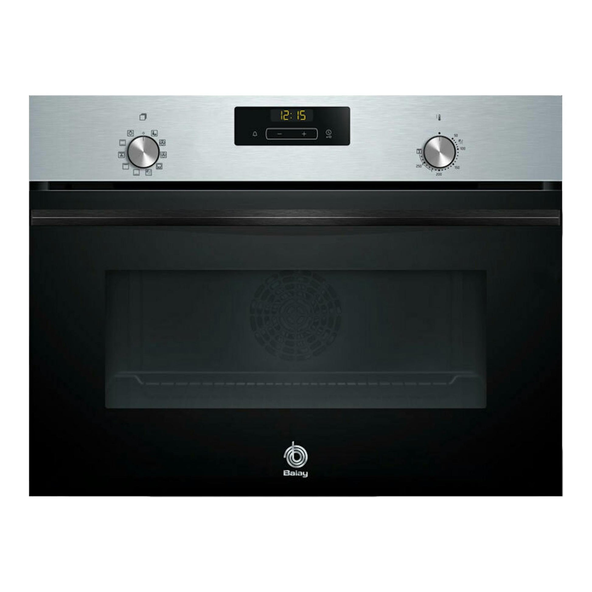 Horno Balay 3CB4130X3 en inox y negro, vista frontal, con dos mandos y panel digital central.