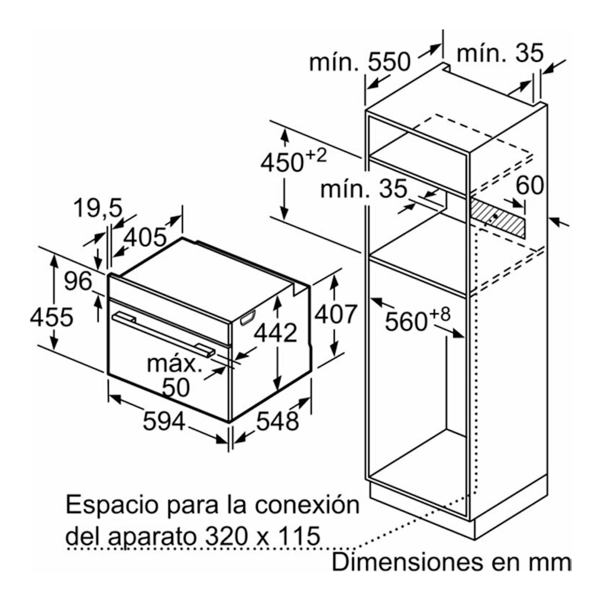 Balay 3CB4130X3, esquema de dimensiones de horno empotrable inox con medidas del hueco en mm.