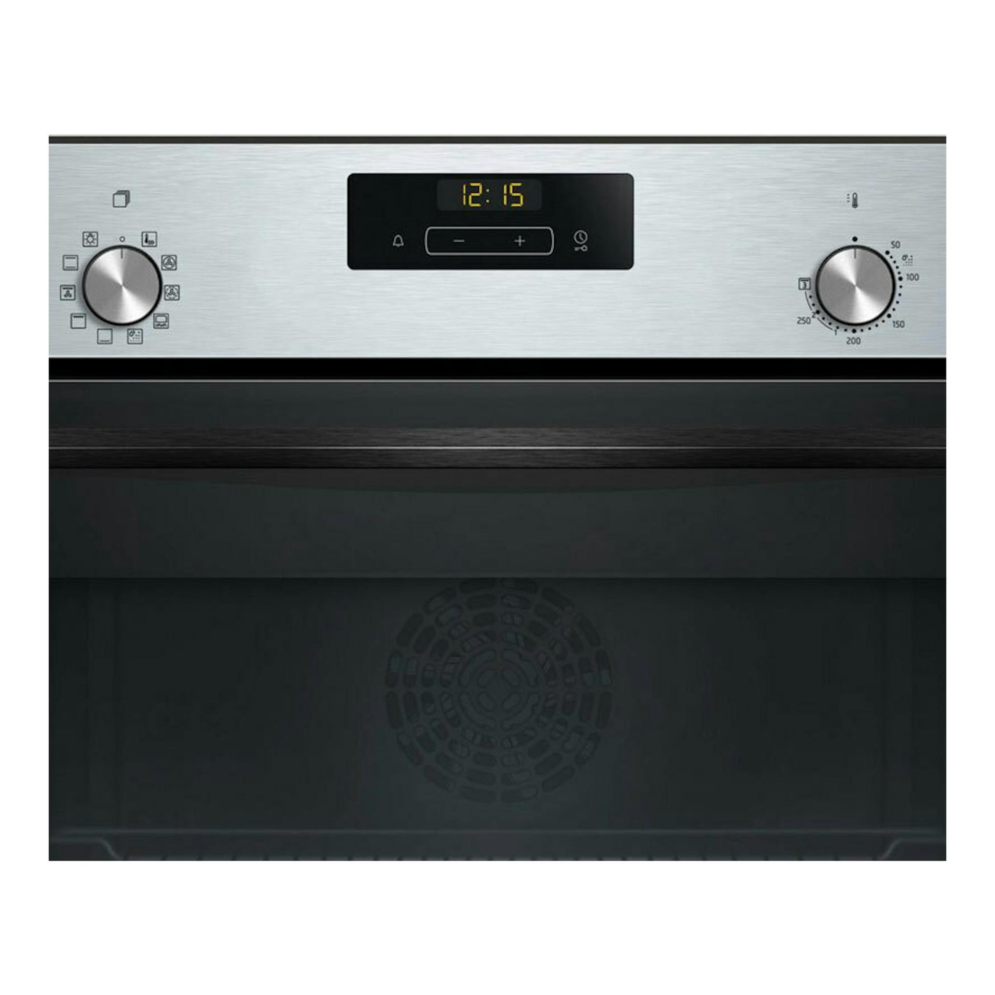 Horno Balay 3CB4130X3 inox, vista frontal, panel digital central y dos mandos en acero inoxidable.