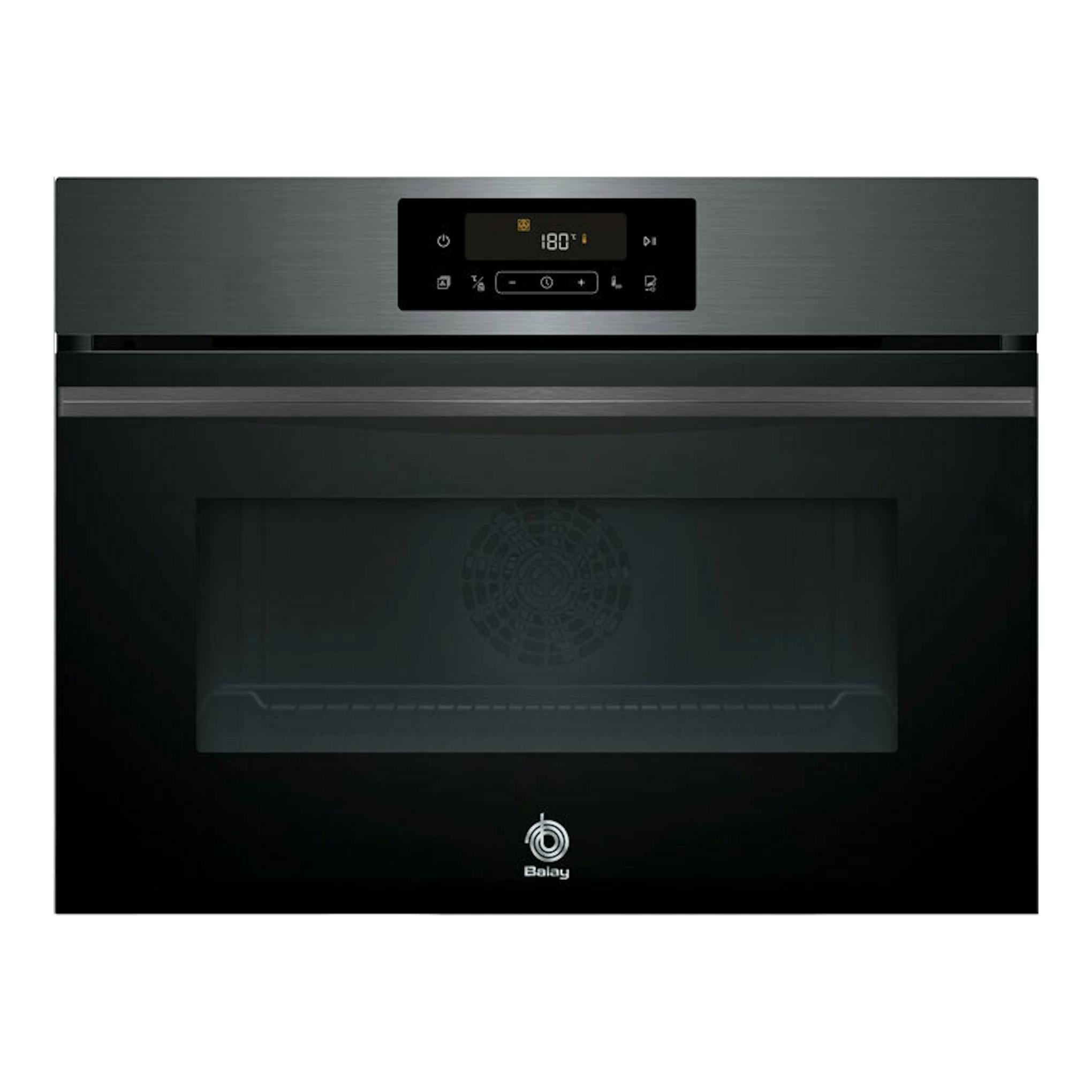 Horno Balay 3CB4821G3 grafito, vista frontal, con panel digital superior y puerta de vidrio negro.