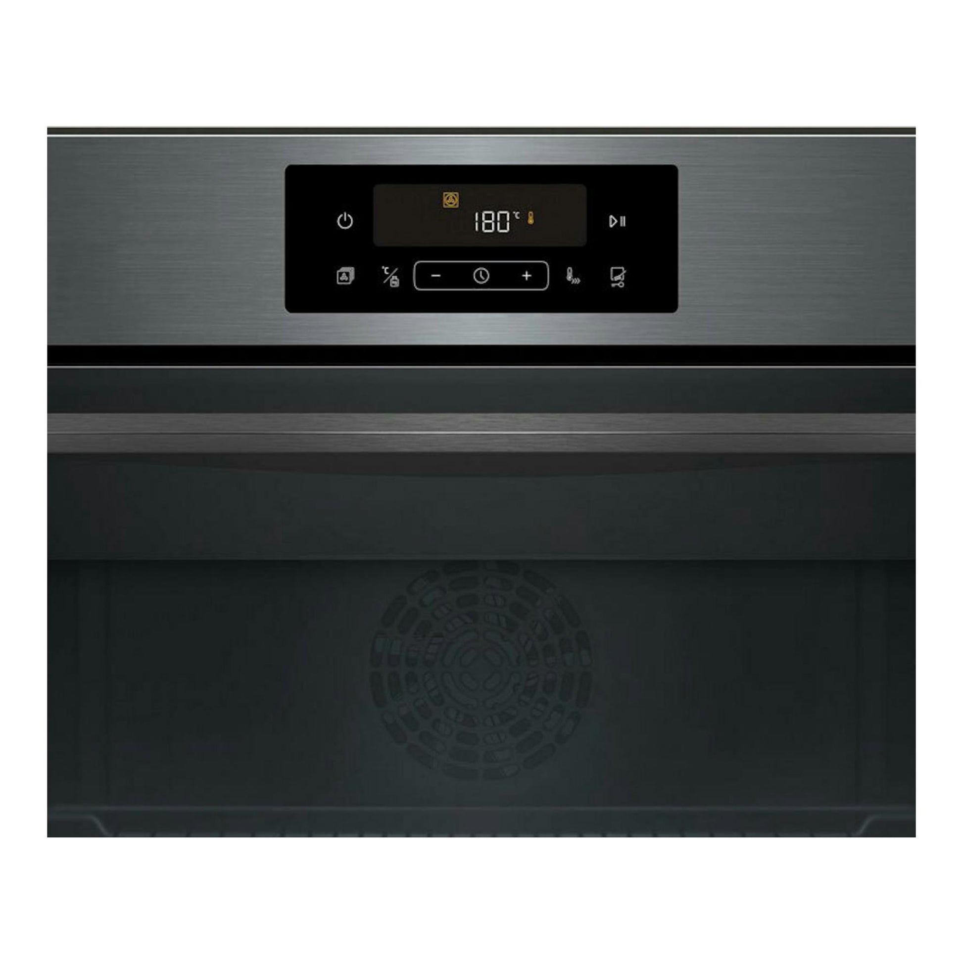 Horno Balay 3CB4821G3 grafito, vista frontal, panel digital con 180 °C y puerta abierta.