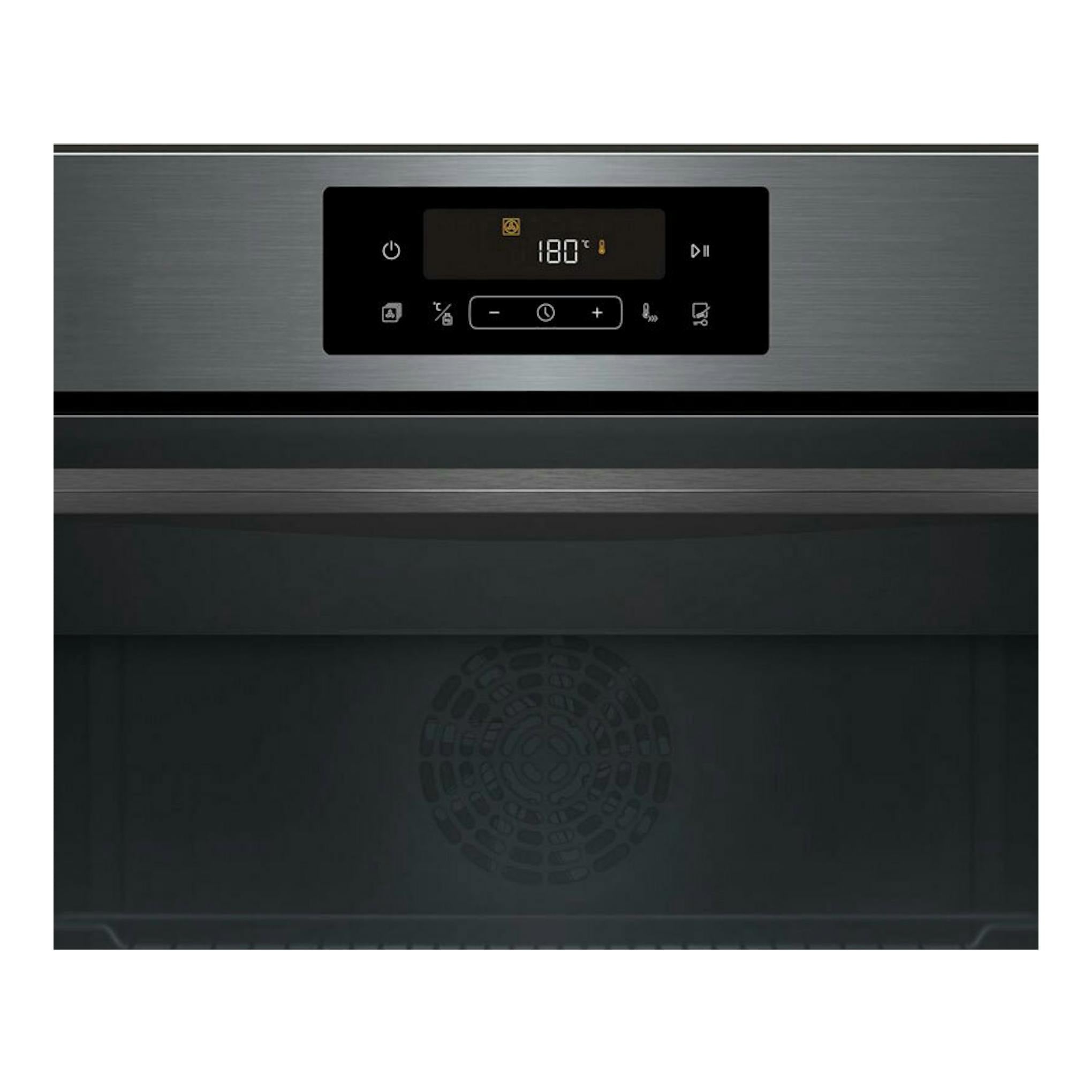 Horno Balay 3CB4821G3 grafito, vista frontal, panel digital con 180 °C y puerta abierta.