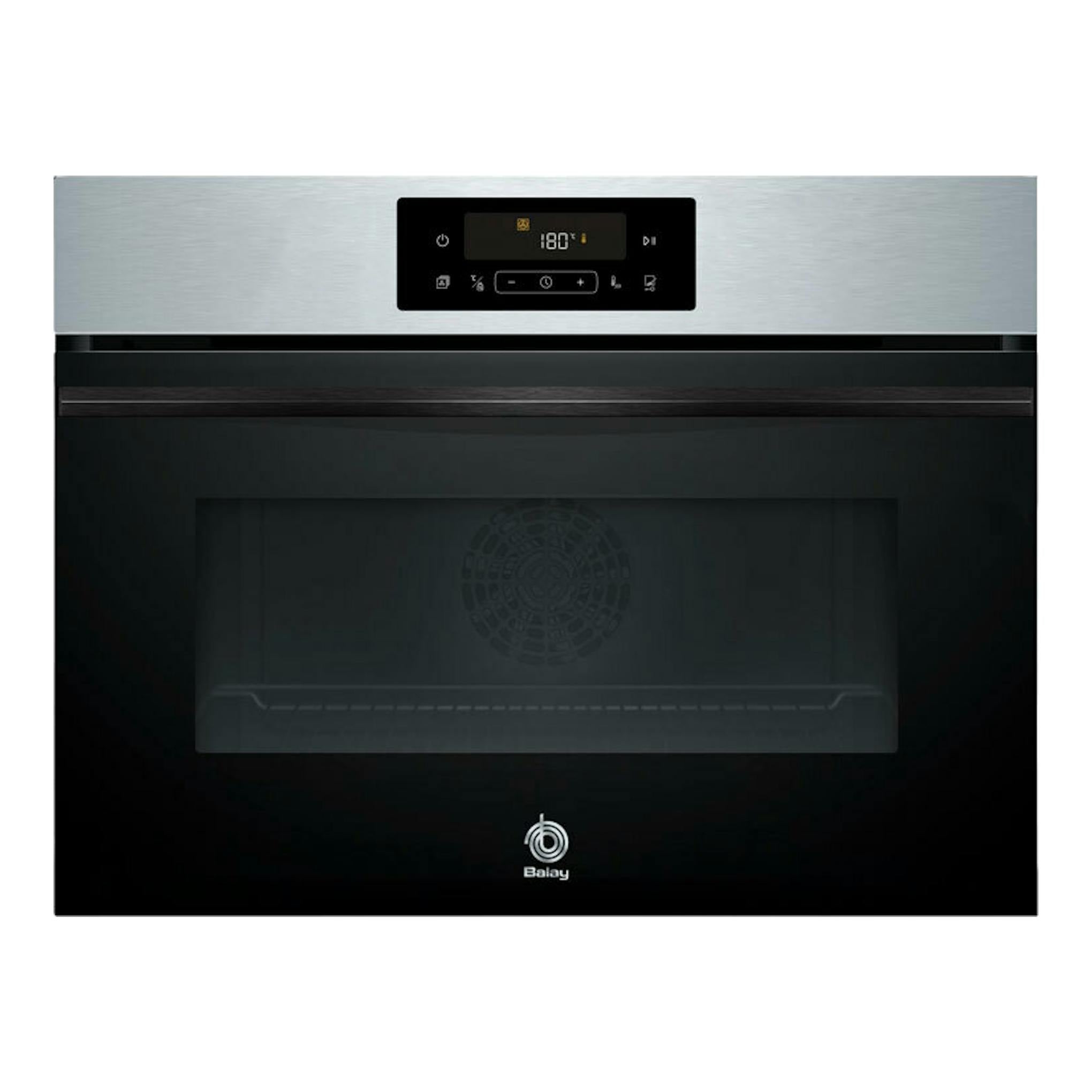 Horno Balay 3CB4821X3 inox, vista frontal, panel digital, acabado acero inoxidable y puerta de cristal negro.