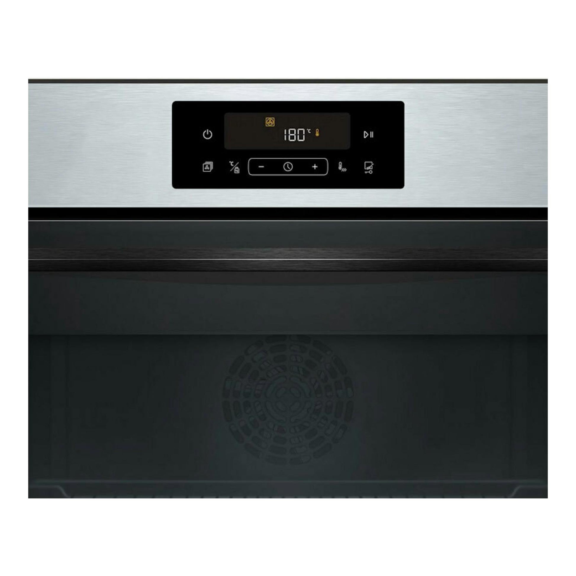 Horno Balay 3CB4821X3 en inox, vista frontal con panel negro y display digital a 180°.