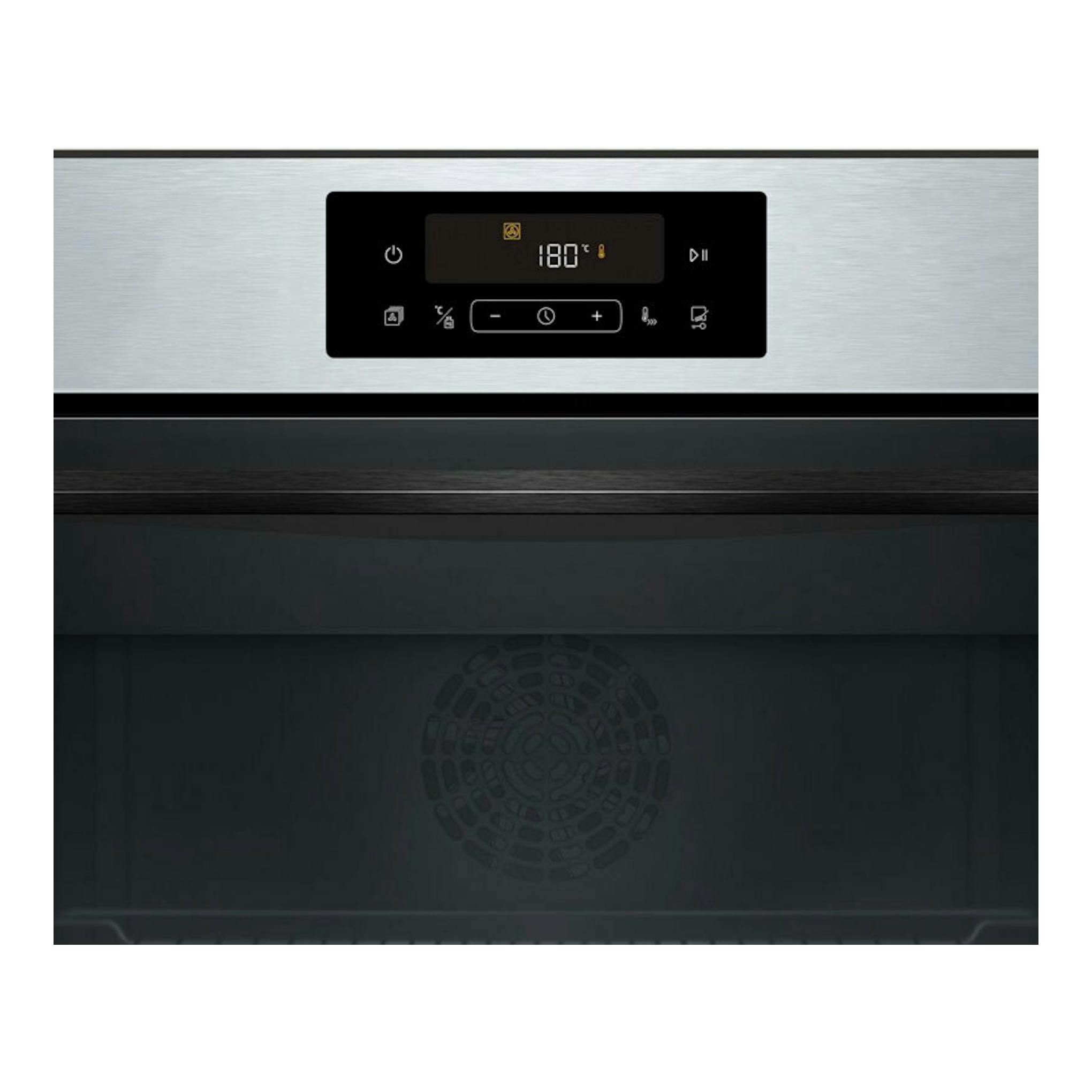 Horno Balay 3CB4821X3 en inox, vista frontal con panel negro y display digital a 180°.
