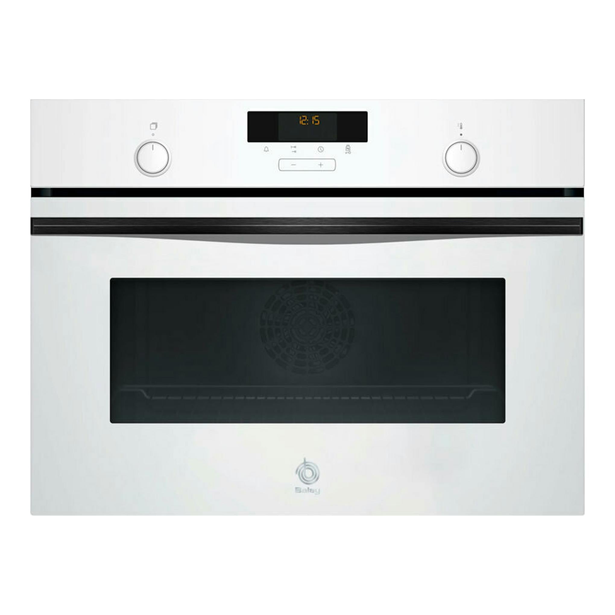 Horno Balay 3CB5159B3 blanco, vista frontal, con dos mandos, display digital y puerta de cristal negro.