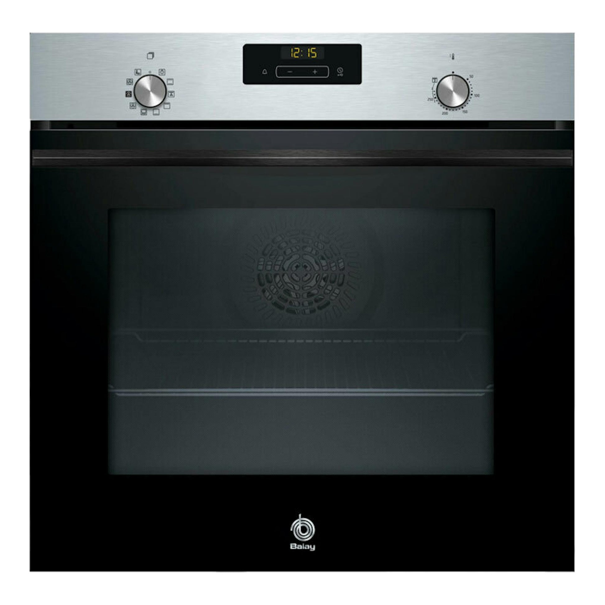 Balay 3HA4031X3, horno inox de vista frontal, puerta negra con vidrio y panel superior con display digital.