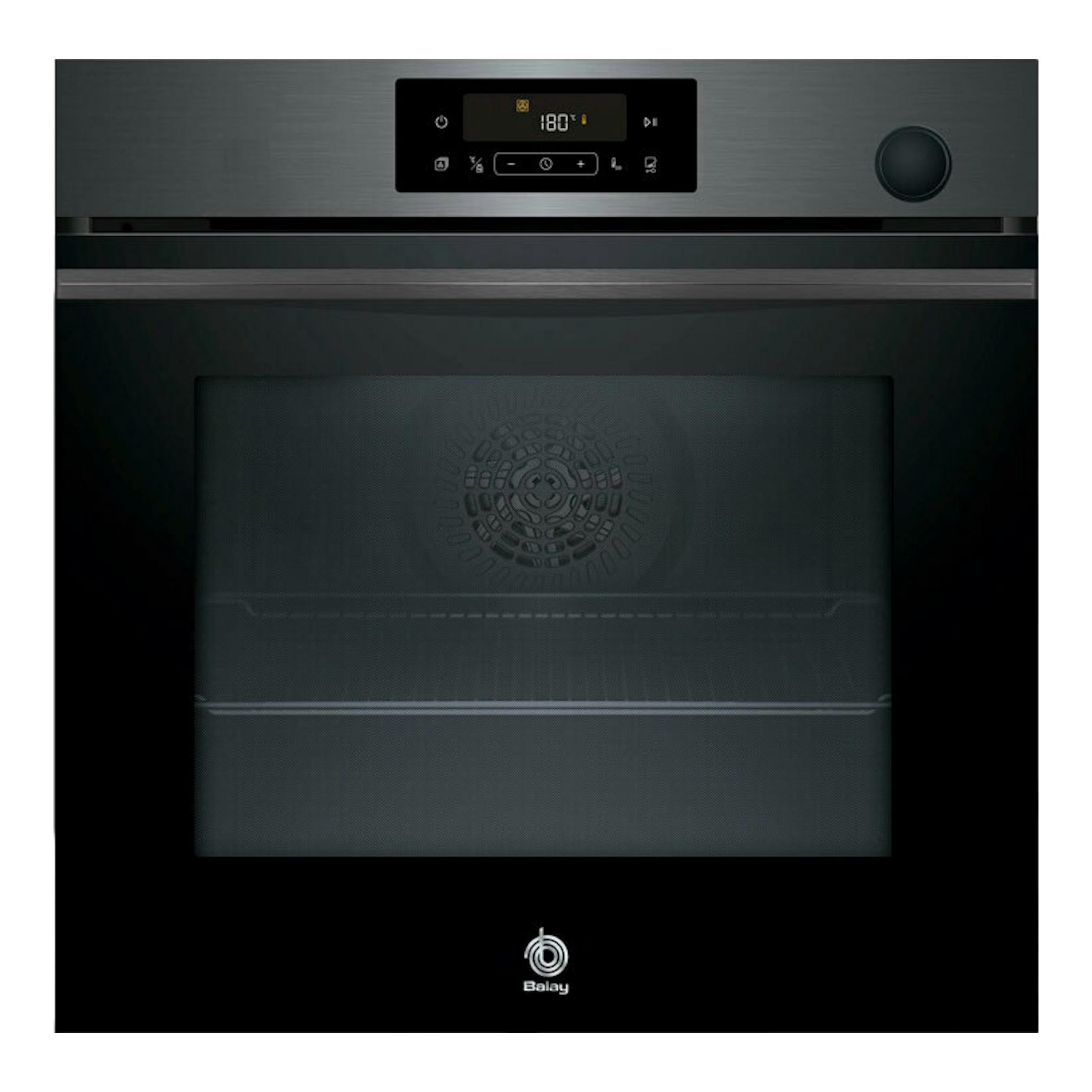 Horno Balay 3HA4121G3 grafito, vista frontal, puerta de cristal negro y panel digital superior.