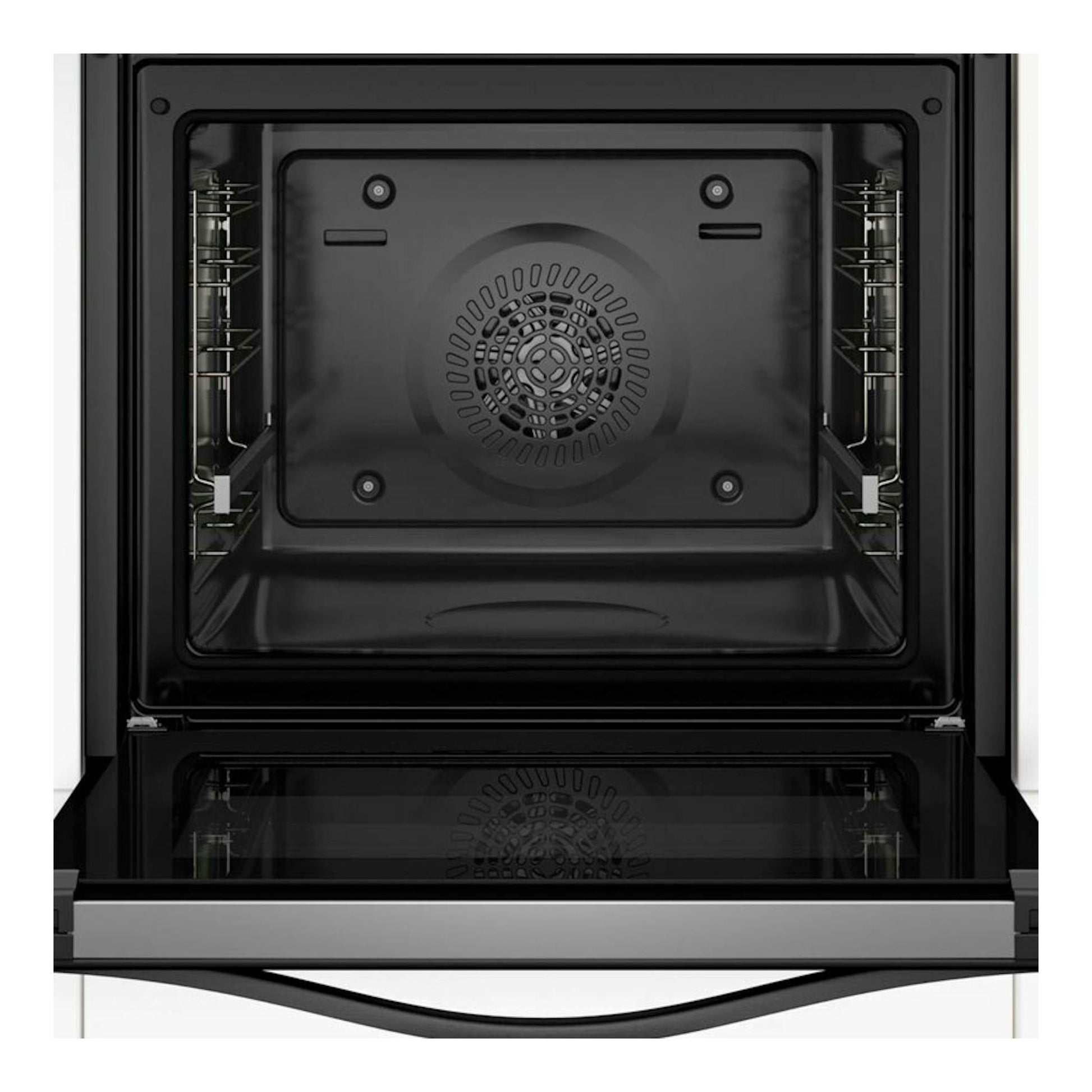 Horno Balay 3HA4821G3 en grafito, vista frontal del interior abierto con ventilador circular.