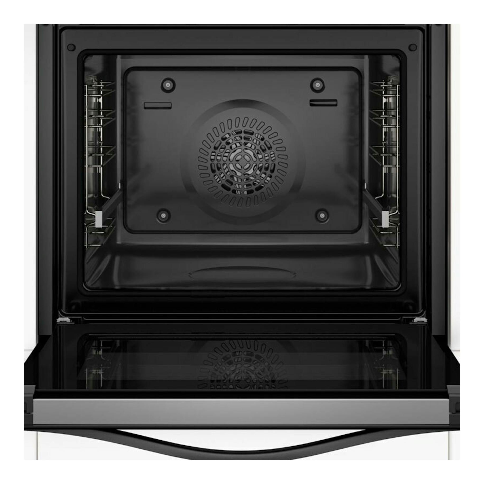 Horno Balay 3HA4821G3 grafito, vista frontal con la puerta abierta y el interior negro.