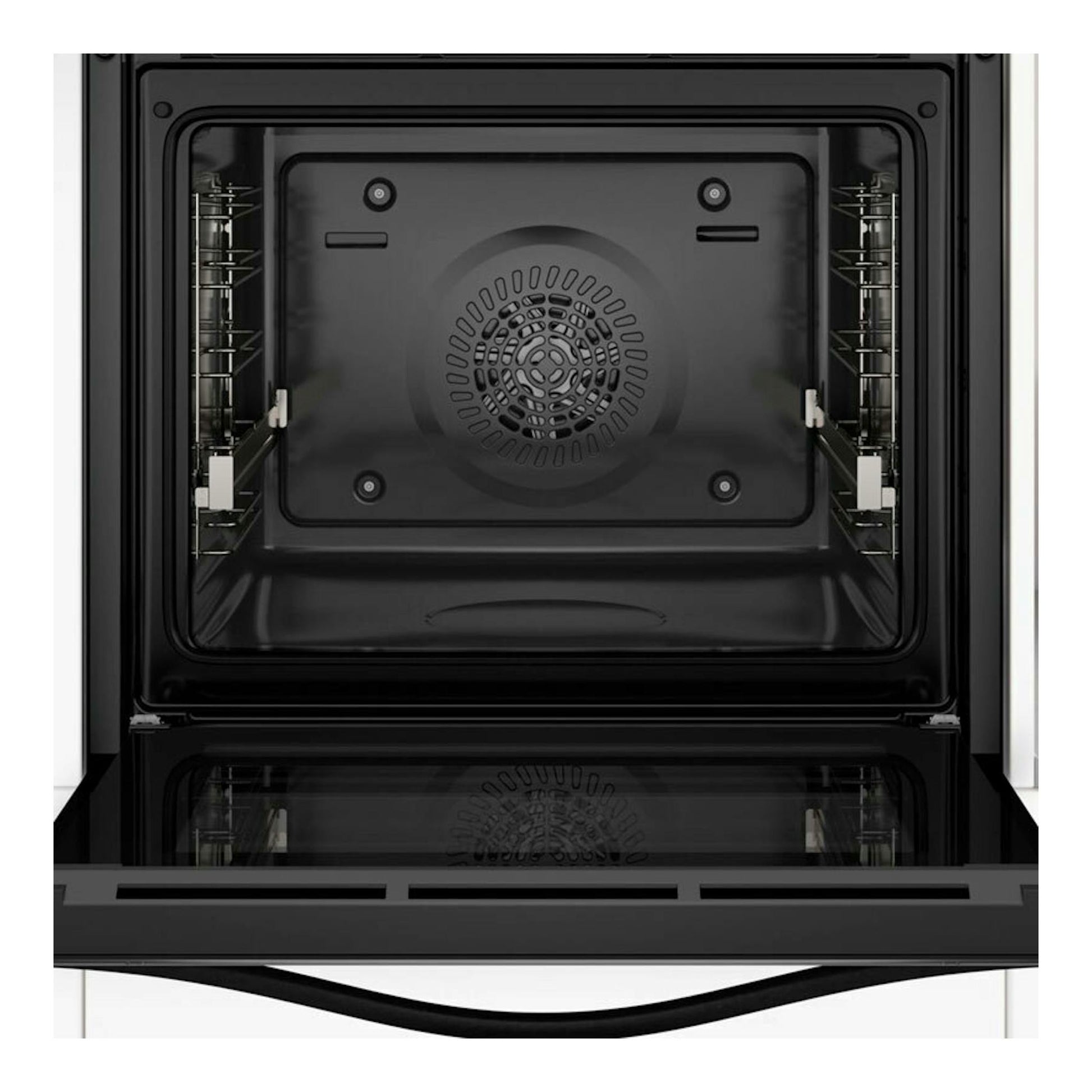 Horno Balay 3HA5129B3 de cristal blanco, visto de frente con la puerta abatida y el interior negro.