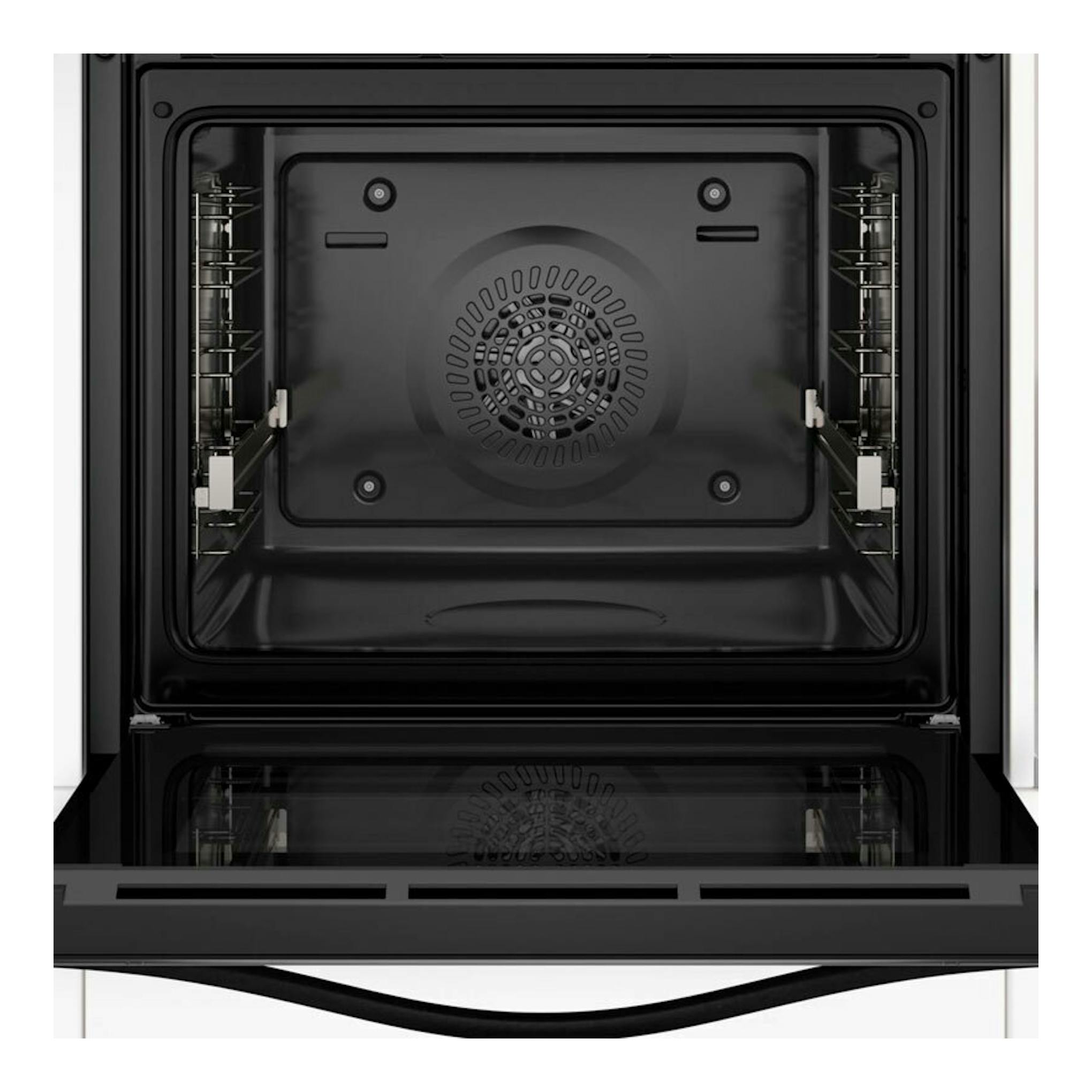 Horno Balay 3HA5129B3 de cristal blanco, visto de frente con la puerta abatida y el interior negro.