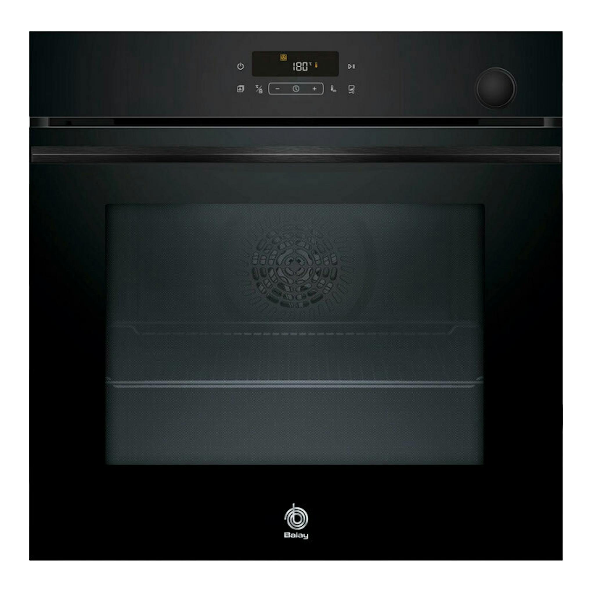 Horno Balay 3HA5129N3 de cristal negro, vista frontal, con panel digital y mando giratorio.