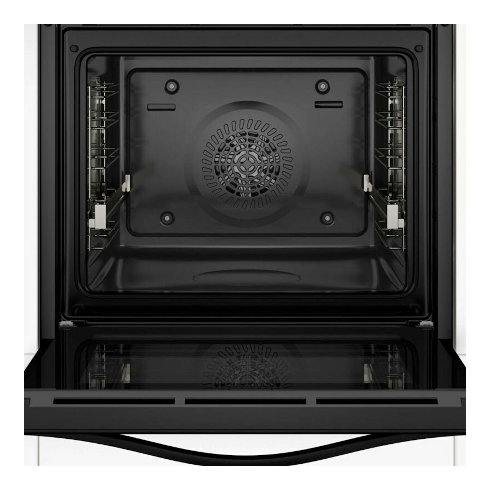 Horno Balay 3HA5129N3 de cristal negro, vista frontal con la puerta abierta e interior negro.