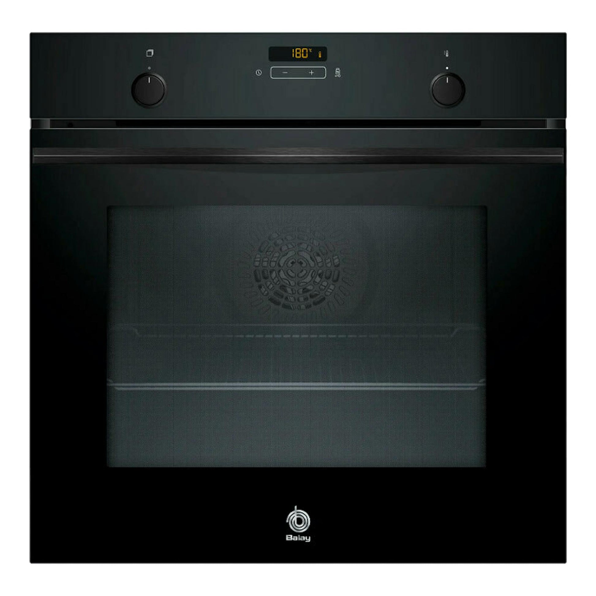 Horno Balay 3HA5749N3 de cristal negro, vista frontal, con dos mandos y display digital.