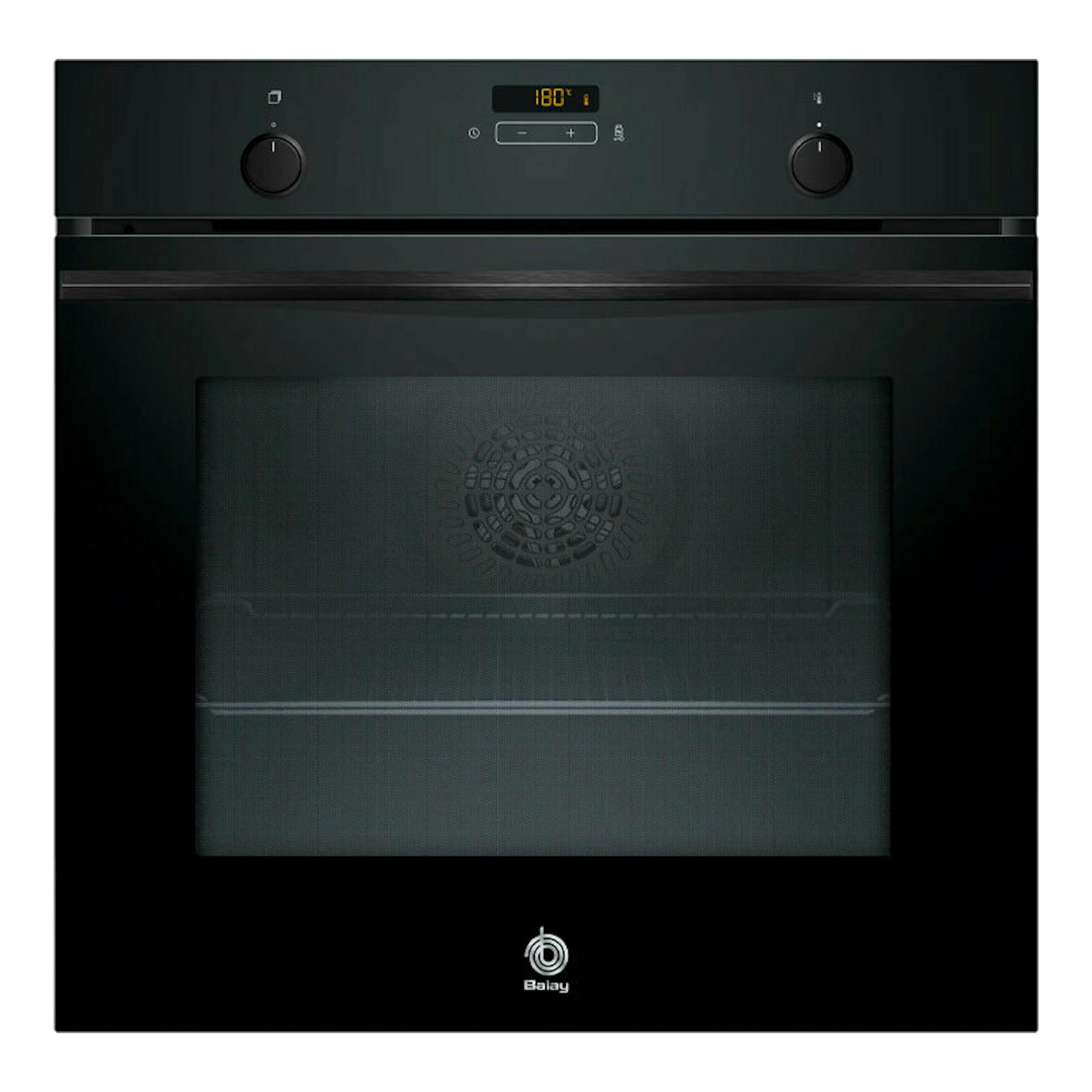 Horno Balay 3HA5749N3 de cristal negro, vista frontal, con dos mandos y display digital.