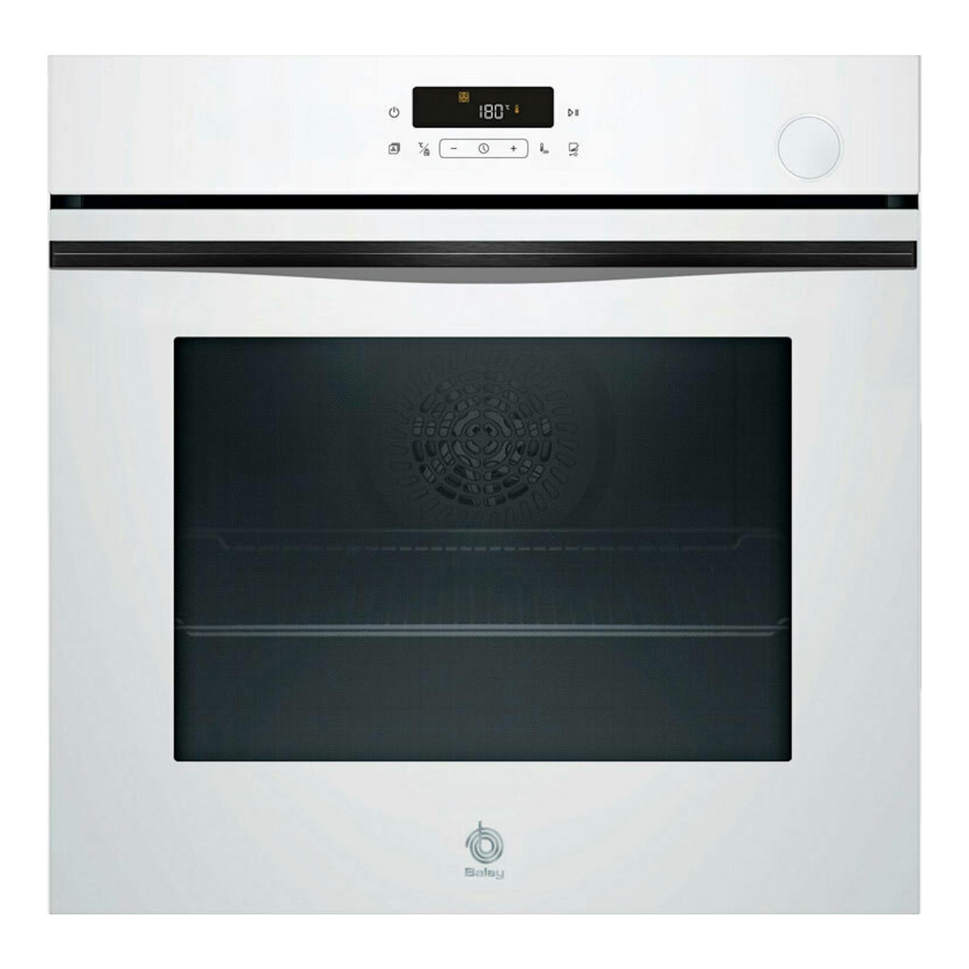 Horno Balay 3HA5829B3 blanco, vista frontal, con puerta de cristal negro y panel digital superior.